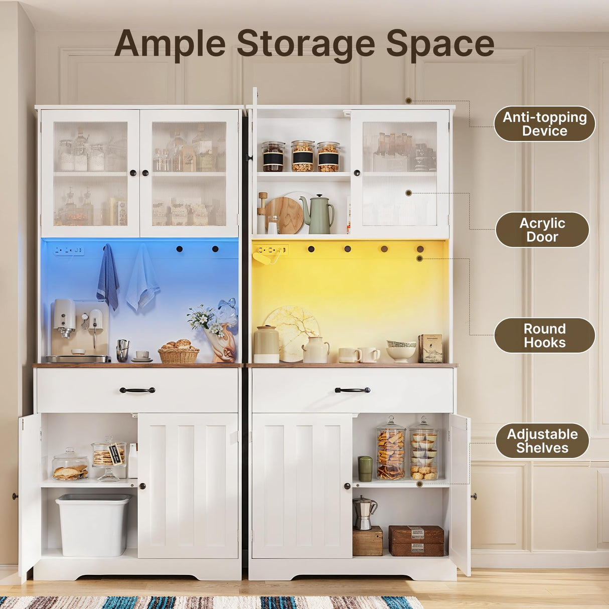 Gizoon 71" H Storage Cabinet with Strip Light, Kitchen Pantry Cabinet with Doors and Drawers, White Hutch with Charging Station and Adjustable Shelves, for Coffee Bar, Dining Room, Table Top-Retro Gizoon