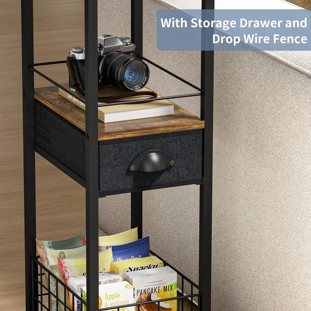 C Shaped Sofa Side Table: Couch End Table with Drawer - Bedside Table with Wheels - 19.7''L x 11.8''W x 28''H - C Mobile Tables with Storage Basket for Living Room Bedroom Sonyabecca