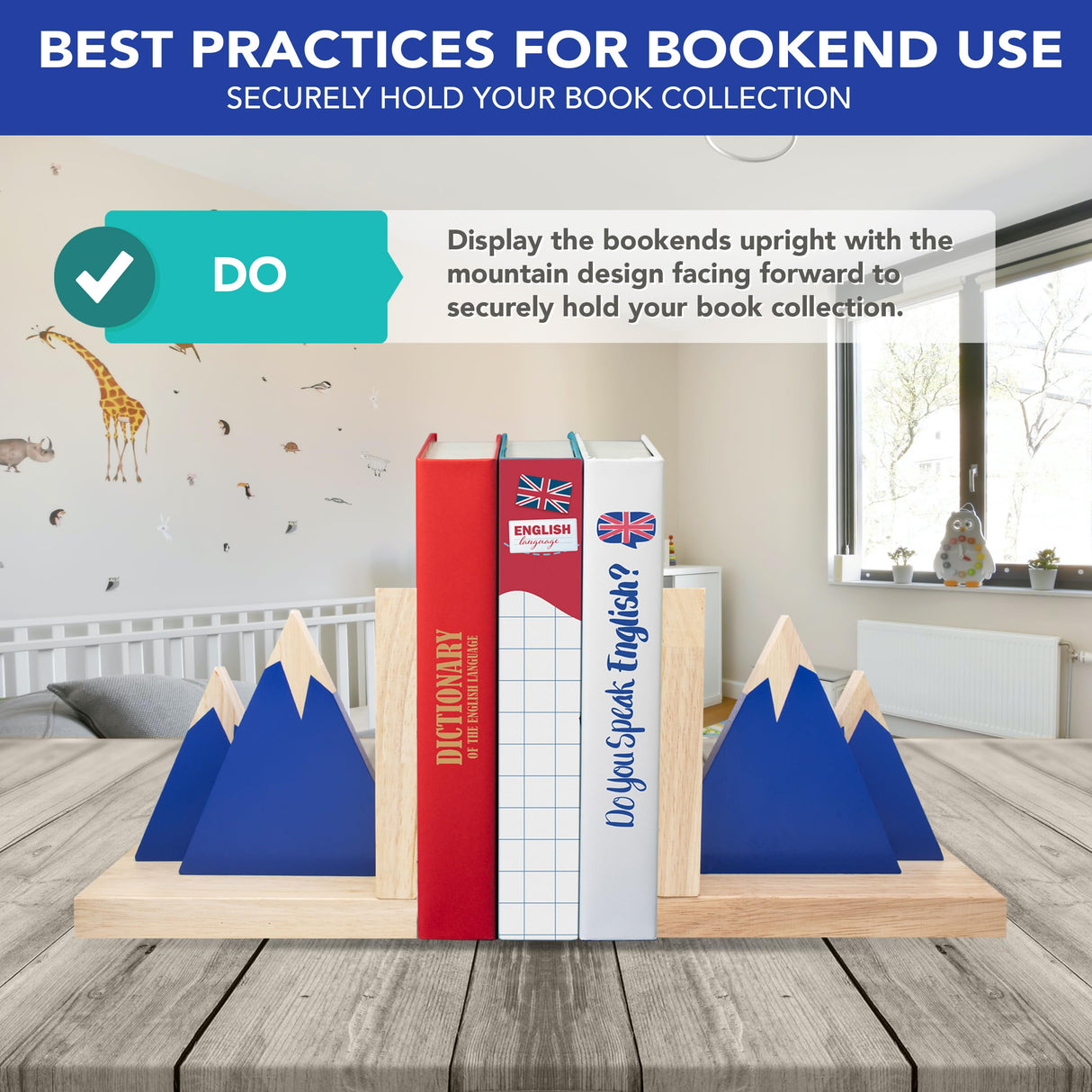 Decorably Blue Mountain Book Ends for Kids - 1 Set Non-Skid Wooden Bookends for Shelves, Book Ends for Boys Decorably