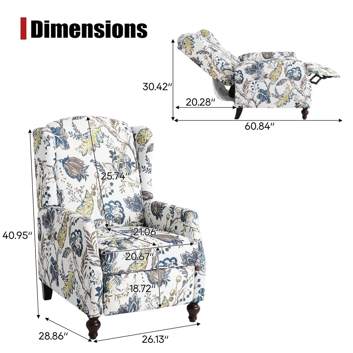 Consofa Upholstered Wingback Recliner Chair - Traditional Push Back Recliner Chair with Padded Seat, Fabric Floral Recliner Wingback Chair, Mid Century Modern Armchair for Living Room Consofa