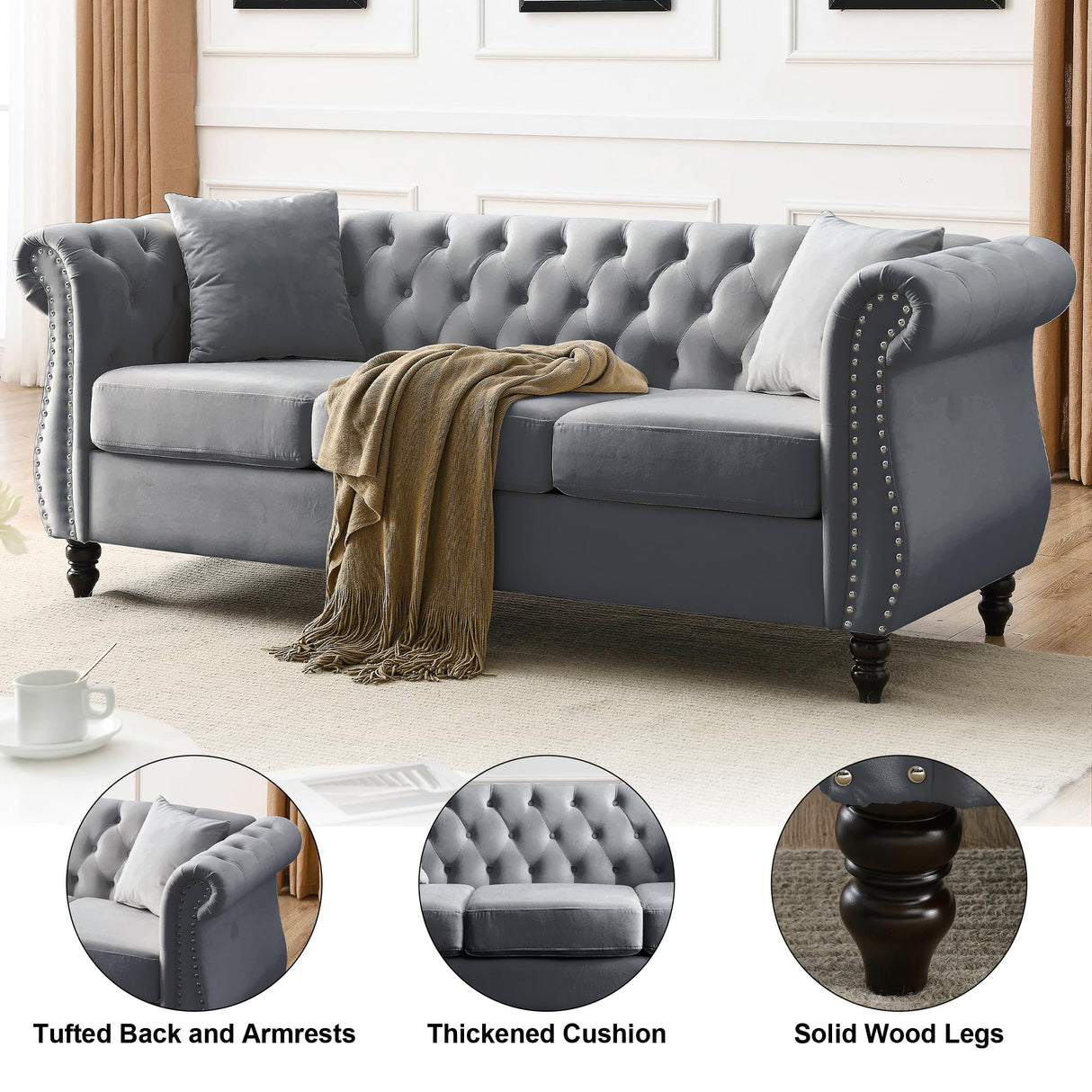 ATUMON 2 Piece Chesterfield Velvet 80“ 3-Seater and 59" Loveseat Sofa Set,Tufted Couch with 4 Pillows,Rolled Arms and Nailhead for Living Room, Bedroom, Office Grey ATUMON