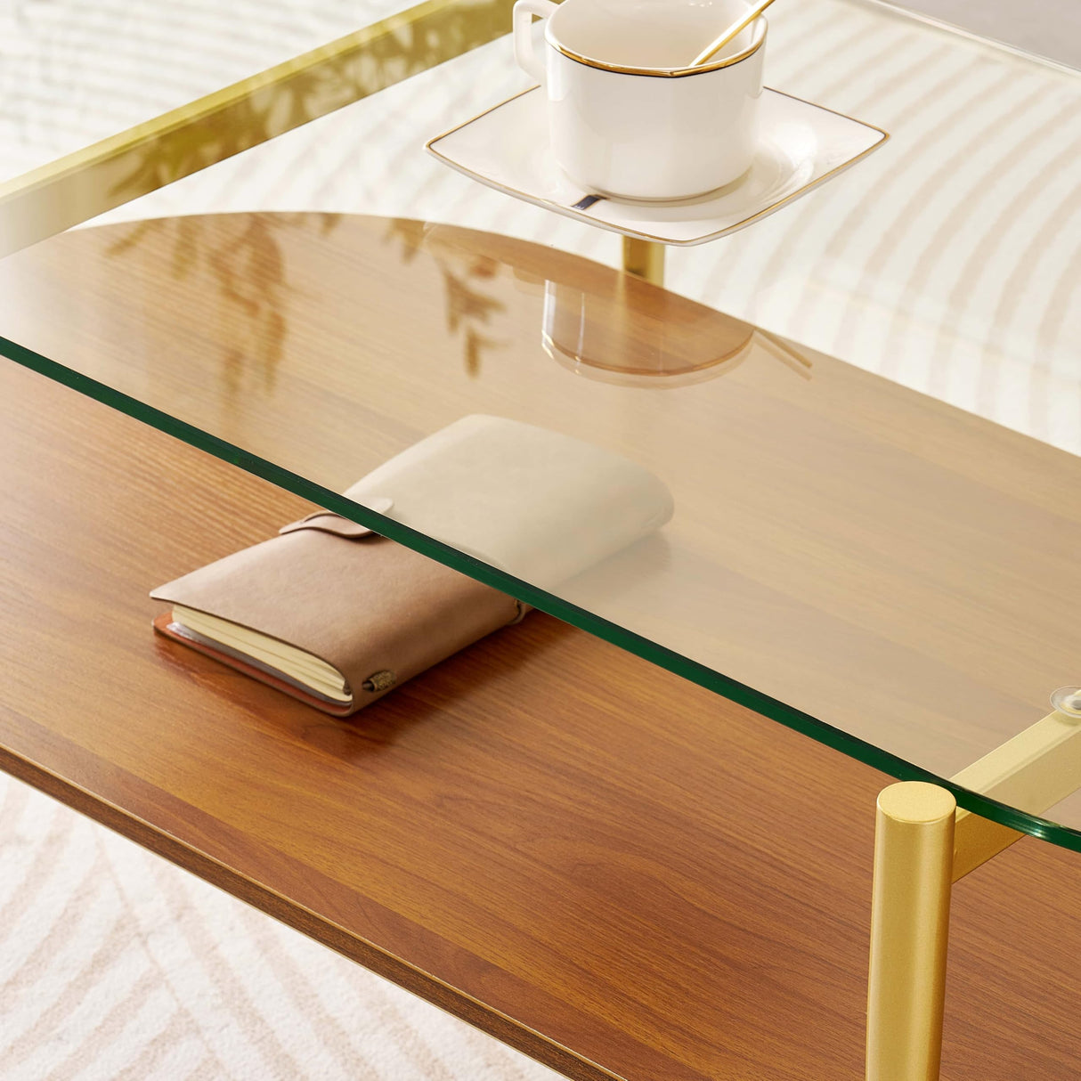 LumFurn Oval Glass Coffee Table, Mid-Century Modern Design, L41 x W21 x H17 inch, for Living Room, 2-Tier Structure, Clear Glass Top and Walnut Finish Wood Shelf, Conical Legs with Gold Finish Frame LumFurn