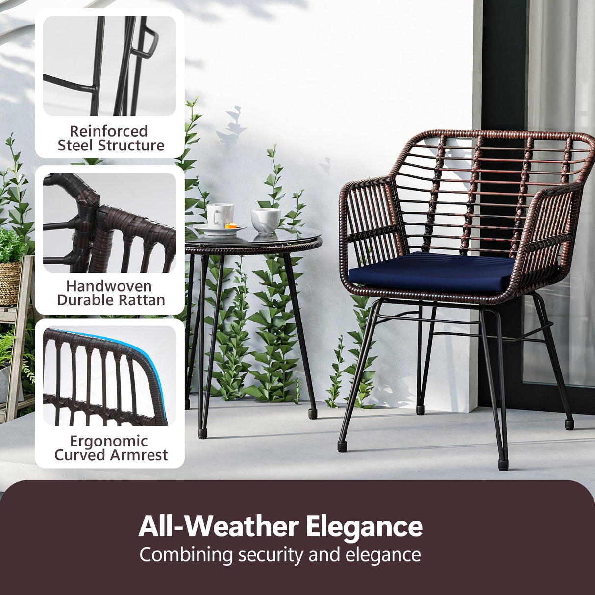 MaxMulti 3 Piece Wicker Patio Bistro Set, Outdoor Conversation Sets with 2 Rattan Patio Chairs and 1 Side Table, Rattan Patio Furniture for Balcony, Deck, Apartment Use (Blue) MaxMulti