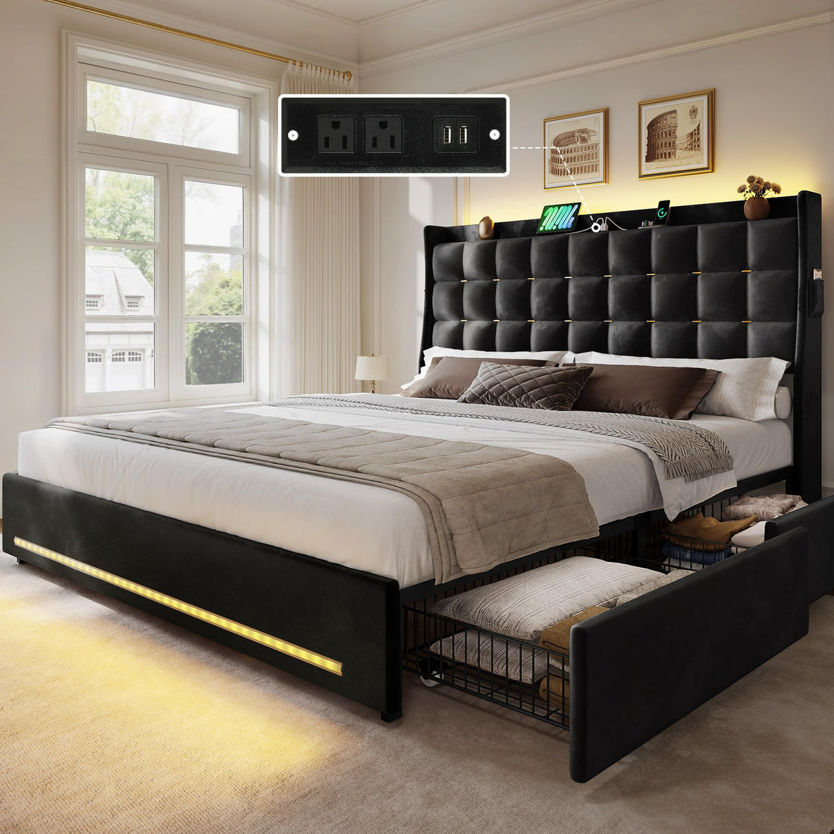 YITAHOME Queen Size Bed Frame with 4 Drawers and RGB LED Lights, Velvet Upholstered Platform Bed with Charging Station and Storage Headboard, No Box Spring Needed, Easy Assembly, Noise-Free, Black YITAHOME
