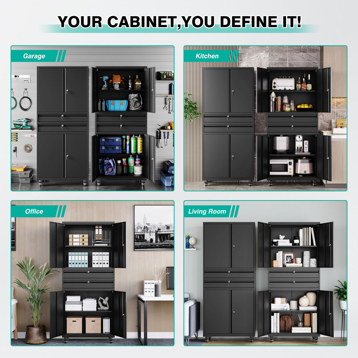 Metal Storage Cabinet with Wheels and Drawers,Rolling Garage Storage Cabinet with Locking Doors and Adjustable Shelves,73" Mobile Tall Large Metal Tool Cabinets with Locks for Home,Office,Garage SISESOL