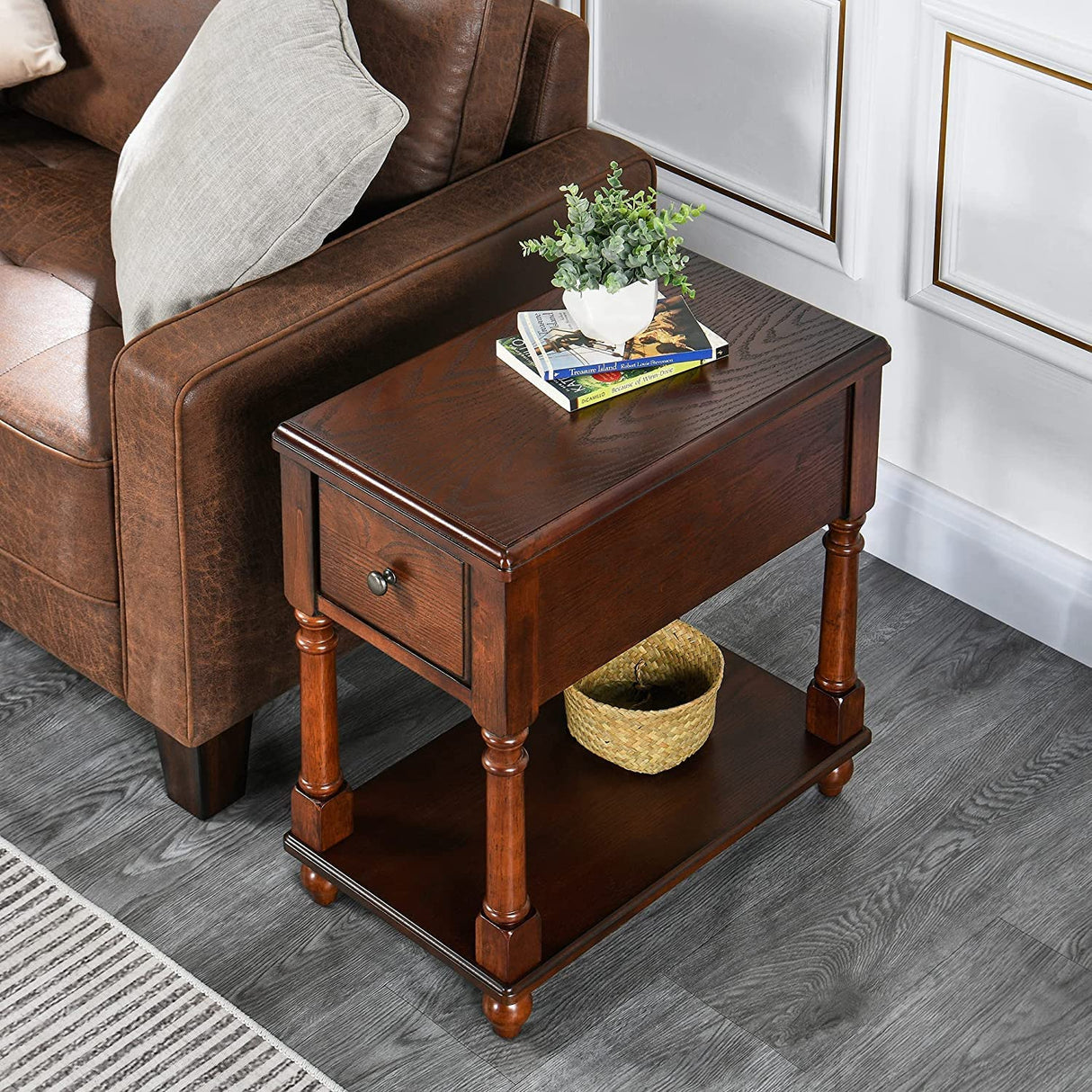 JESONVID Narrow Open End Table with Drawer, Solid Wood Side Table 2-Tier Skinny Table with Storage Shelves Slim Nightstand Small Sofa End Table for Living Room Bedroom-Cherry Walnut 004DWA JESONVID