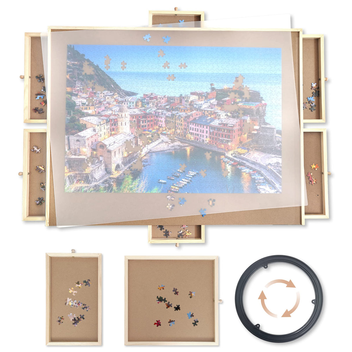 Puzzle Board, WOOD CITY 1500 Piece Wooden Jigsaw Puzzle Board with Drawers, 35”x 27” Portable Puzzle Table with Covers and Lazy Susan, Rotating Jigsaw Puzzle Table for Kids and Adults WOOD CITY
