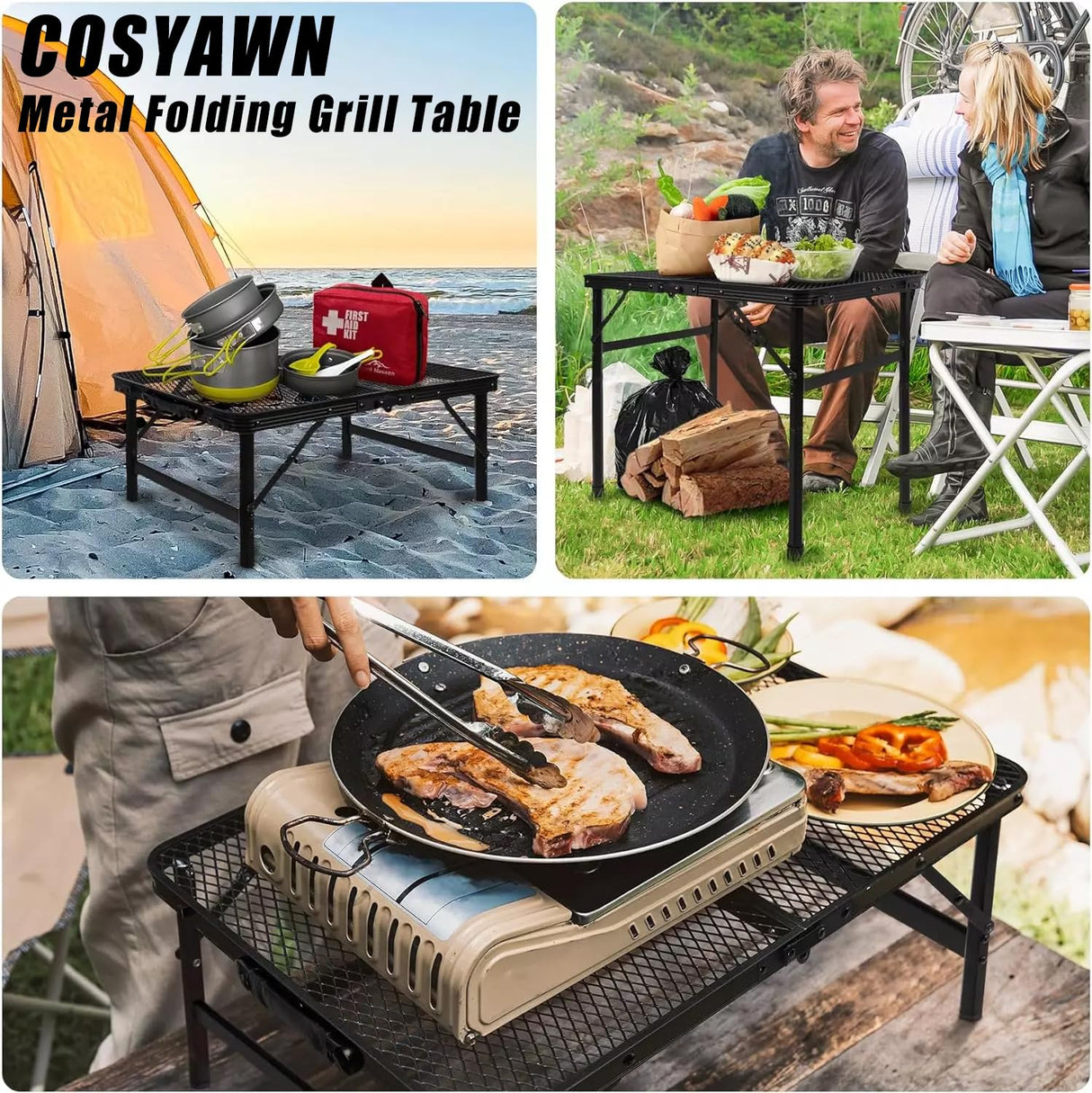 COSYAWN Folding Grill Table, Small, Aluminum, Lightweight, Portable, Height Adjustable, Outdoor Picnic Table, 22.3x15.8x10.7/22.3 inches, 88 lbs Load Capacity COSYAWN