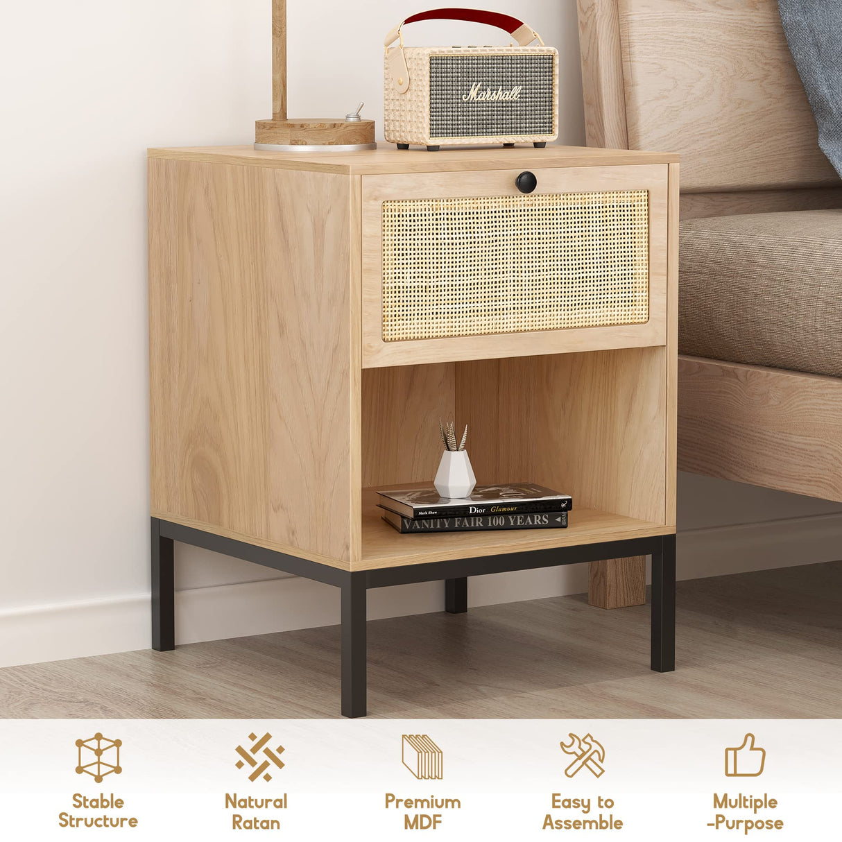 XIAO WEI Rattan Nightstand Set of 2 with Handmade Natural Rattan Drawer, Bedside Table Set of 2, Accent End Table, Boho Night Stand for Bedroom, Living Room, Metal Legs Small XIAO WEI