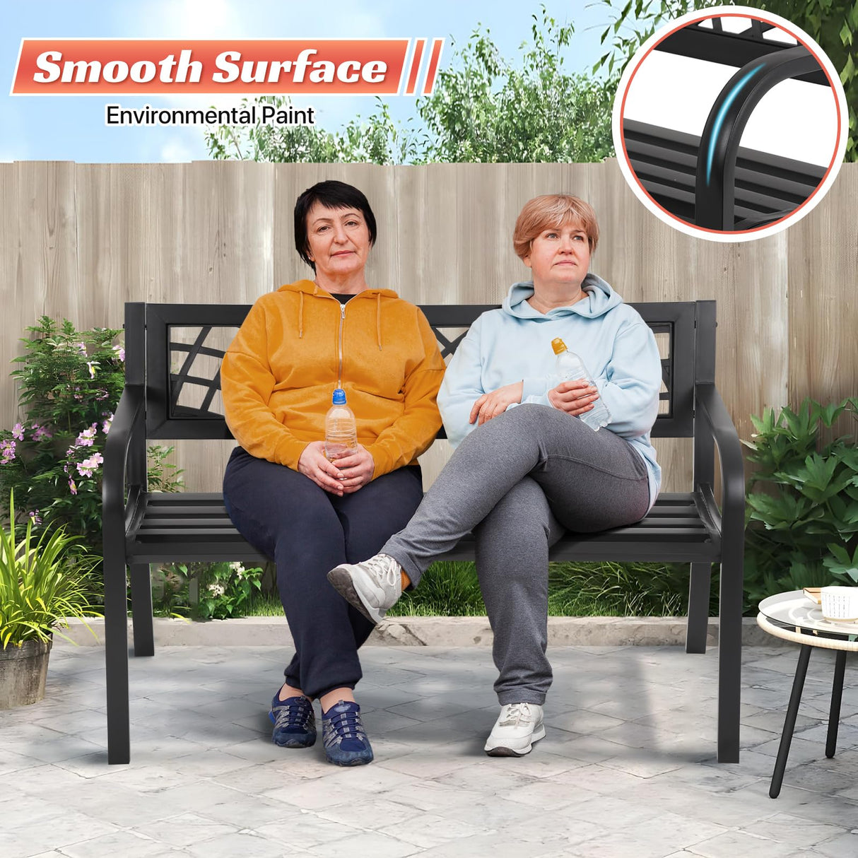 Garden Bench Patio Bench Outdoor Park Bench Metal Outside Porch Chair Seat Cast Iron Steel Frame Sturdy Bench Patio Furniture for Yard Porch Entryway Lawn Decor Deck, Black, 46 in HGS