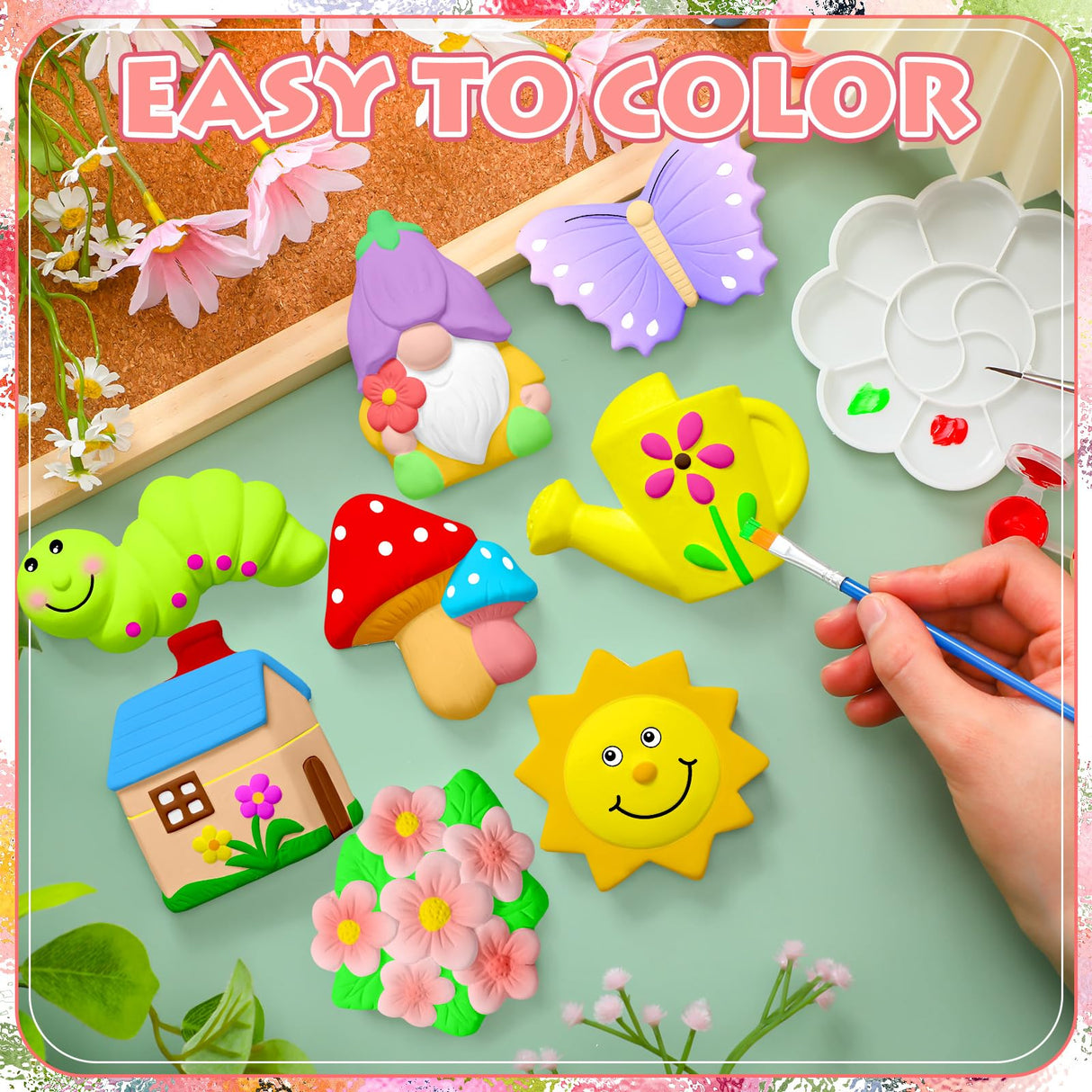 Simgoing 24 Sets Spring Kids Arts and Crafts Set Ceramic Painting Kit Unpainted Paintable Ceramics with 24 Magnet 4 Brushes and 2 Palette, Paint Your Own DIY Figurines for Toddler Boys Girls Simgoing