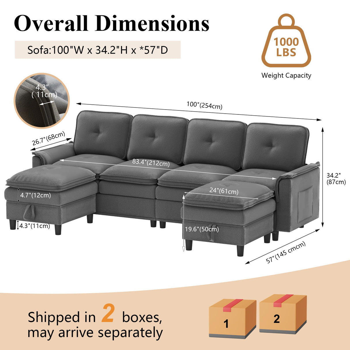 Vlsrka 100" Modular Sectional Cloud Couch with Storage Ottoman, 4-Seater Teddy Velvet Deep Seat Modern Sofa with Removable Cushion for Living Room, Bedroom and Apartment (Dark Grey) Vlsrka