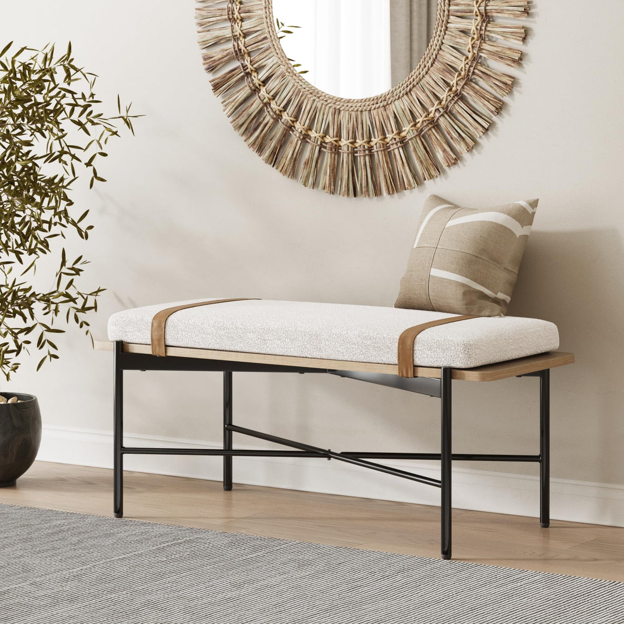 Nathan James Thatcher Upholstered Entryway Bench with Removable Boucle Cushion, Vegan Leather Straps, and Matte Black Metal Legs Nathan James