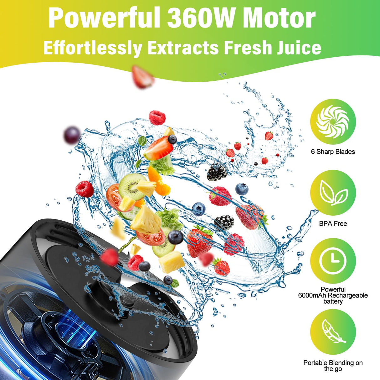 neza Personal Blender, 360 Watt Portable Blender-for Shakes & Smoothies, 24oz Cordless Mini Blender, 6000mAh, Self Cleaning and BPA Free Portable Juicer, Travel Blender with 6 Sharp Blade, Ink Black neza