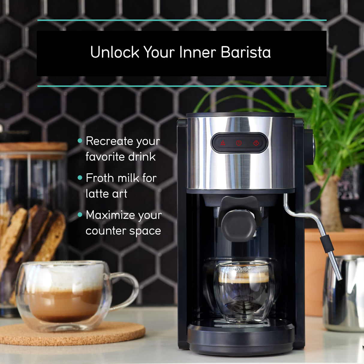 Coffee Gator Espresso Machine, Quick-Brew Espresso Maker with Milk Frother & 1.3 Liter Removable Water Tank Coffee Gator