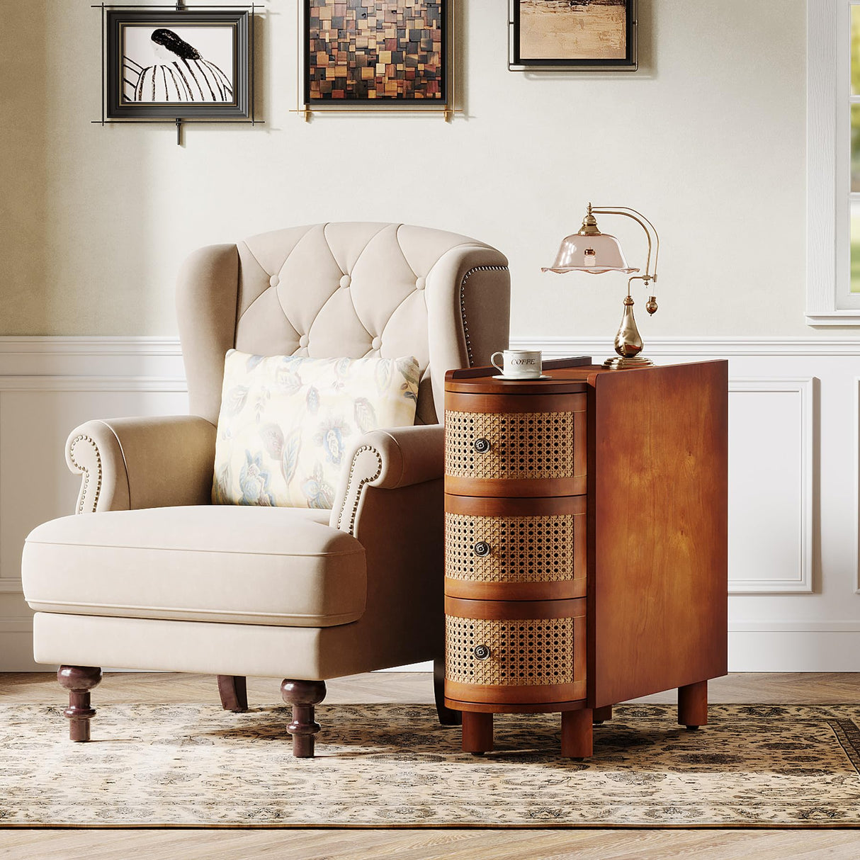 Tribesigns Solid Wood End Table, 3-Drawer Rattan Side Table, Night Stand with 3 Rattan Drawers and Exquisite Embossed Handles for Living Room, No Assembly Required (Walnut & Oak, 1PC) Tribesigns