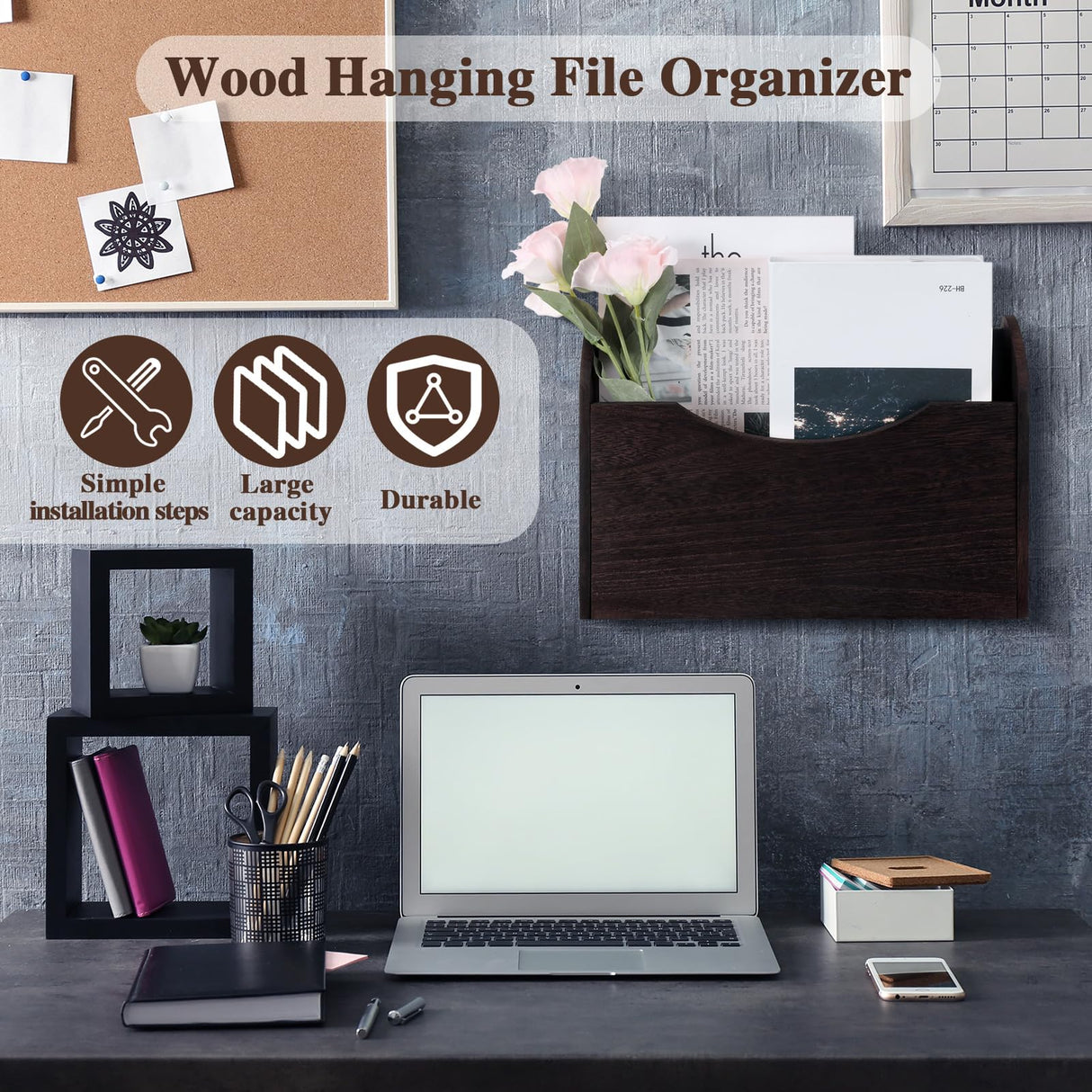 Suzile Wall Mounted File Holder Wood Magazine Holder Wall Hanging File Organizer for Office Mail Magazine Letter Paper Folder Organization(Brown) Suzile
