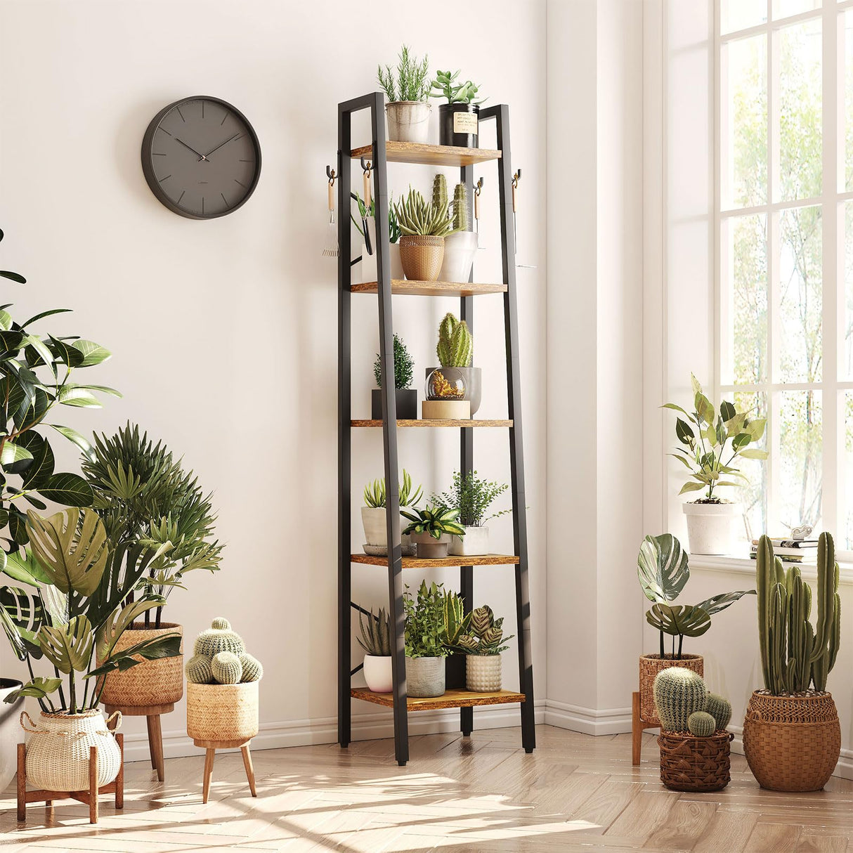 YMYNY 5 Tiers Ladder Bookcase, Industrial Narrow Bookshelf, Open Display Rack with 4 S Hooks, Metal Storage Shelves for Bedroom, Home Office, Living Room, Rustic Brown, 63H*13.4L*11.8W, UHBC025H