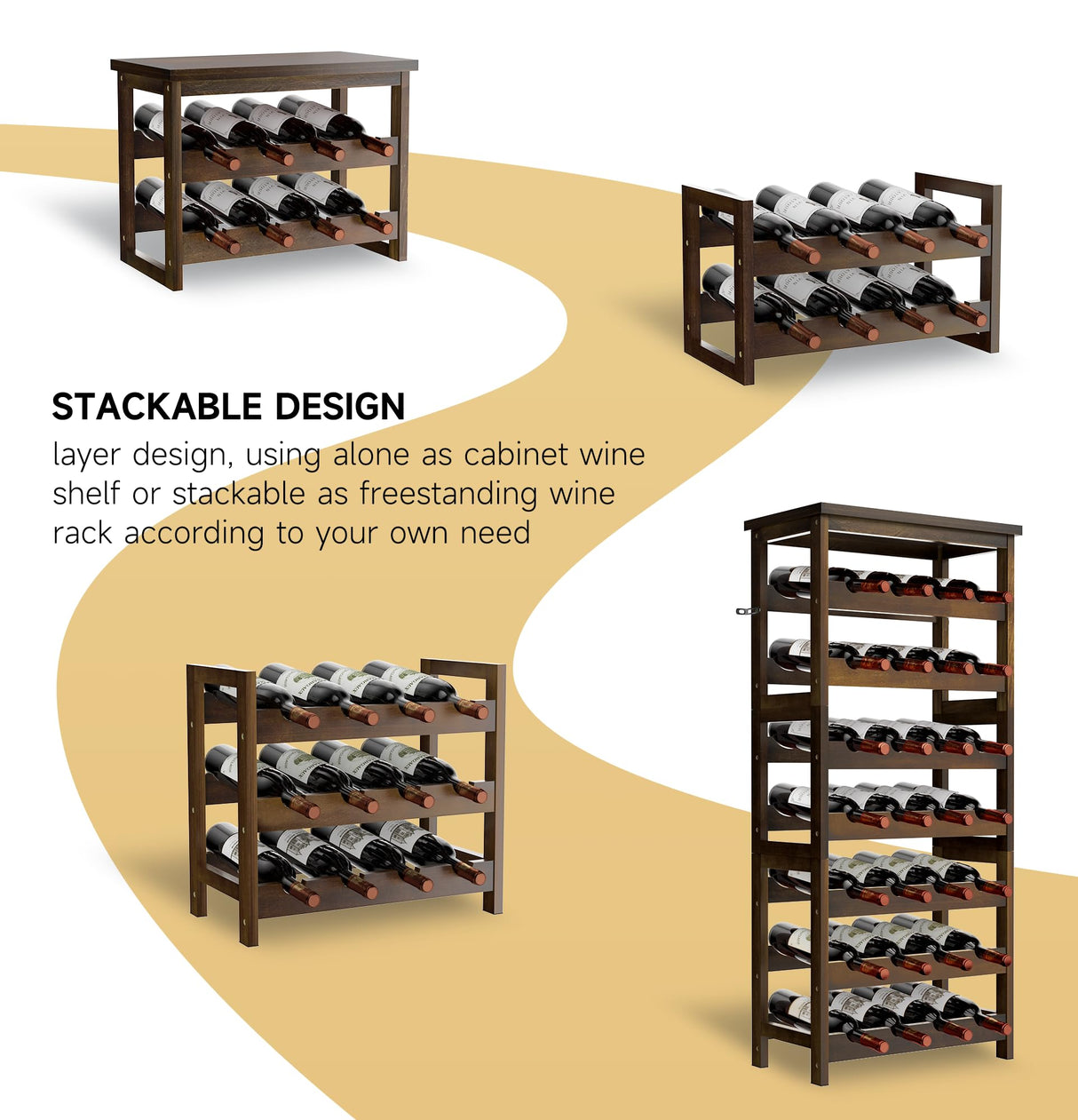 28-Bottle Wine Rack Free Standing Floor, Solid Wood 7-Tier Display Wine Storage Shelves with Tabletop, Wobble-Free Bottle Holder for Cellar Kitchen Bar Dining Room Living Room, Walnut FLYJOE