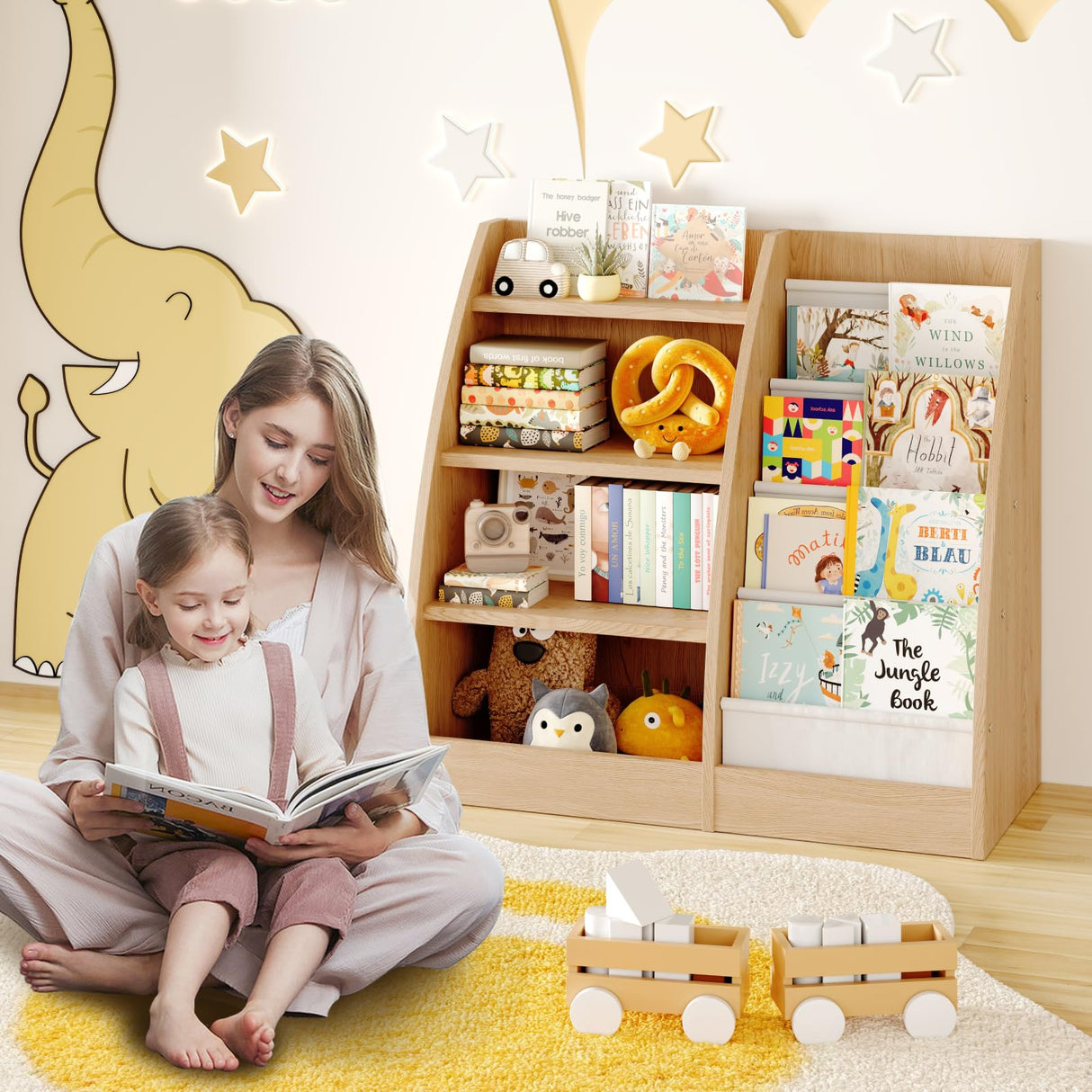 4 Tier Kids Bookshelf,4 Layer Sling Kids Book Shelf for Kids Rooms,Wood Children Bookcase,Baby Storage Book Rack,Toddler Bookshelf, Book and Toy Organizer,Book Display Shelf for Bedroom, Nursery FFBCFDK