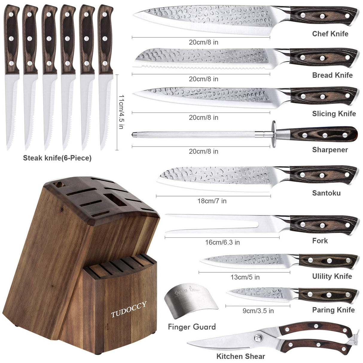 Kitchen Knife Set, 16-Piece Knife Set with Built-in Sharpener and Wooden Block, Precious Wengewood Handle for Chef Knife Set, German Stainless Steel Knife Block Set, Ultra Sharp Full Tang Forged Tudoccy