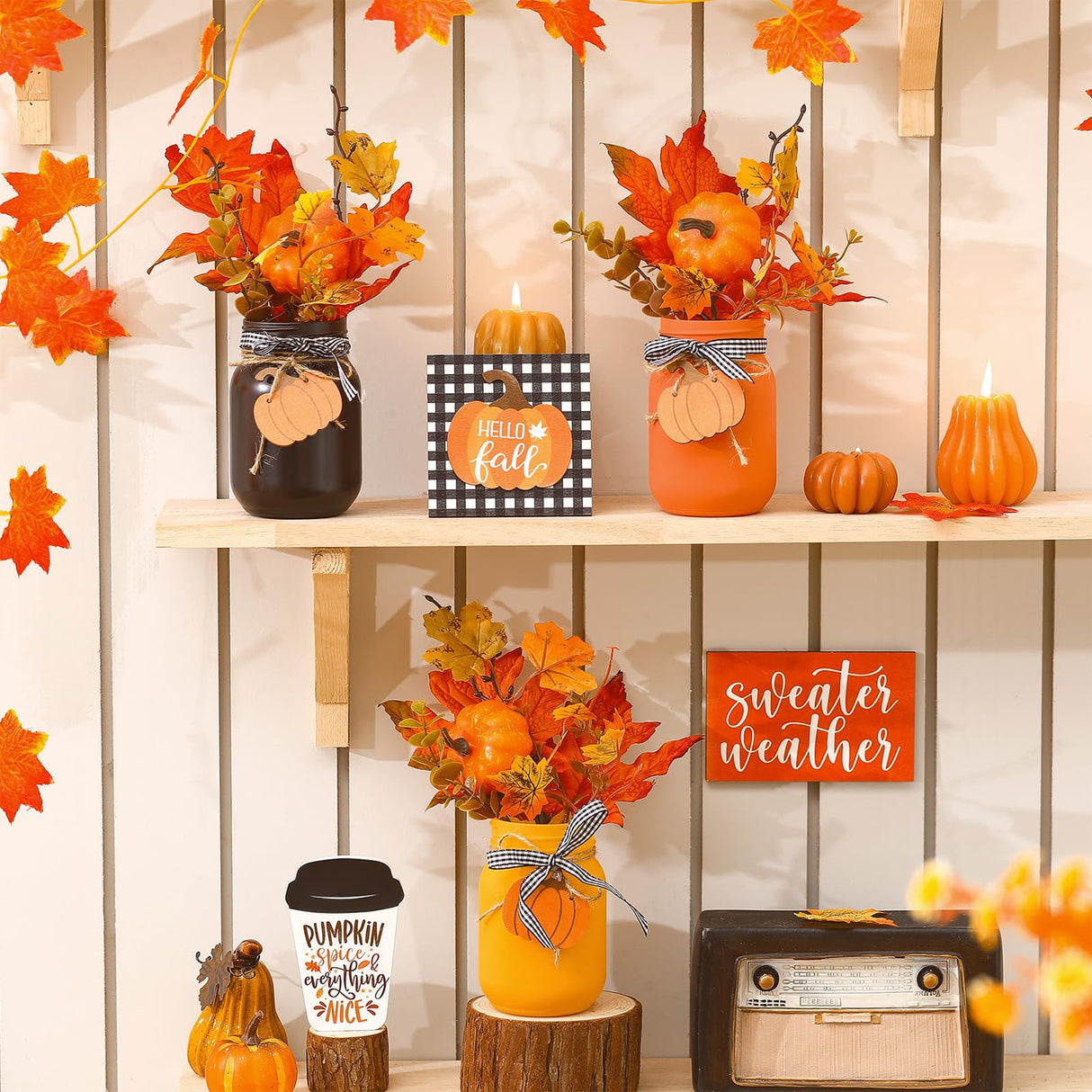 Jexine 18 Pcs Fall Thanksgiving Tables Centerpieces Pumpkin Maple Mason Jars Centerpieces for Table Decorations with Wood Signs Rope Farmhouse Fall Decor for Home Indoor Autumn Kitchen Dining Room Jexine