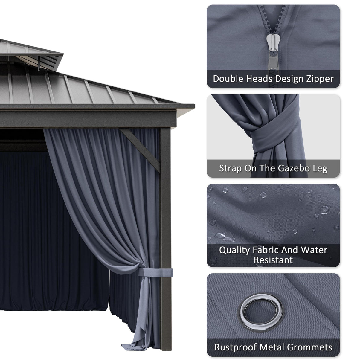 12'x14' Gazebo Curtains Outdoor Waterproof with Hanging Rings, 4-Panel Double Zipper Sidewalls Universal Replacement Privacy Curtain, Outdoor Gazebo Curtains for Patio, Backyard(Curtains Only) Snubbull
