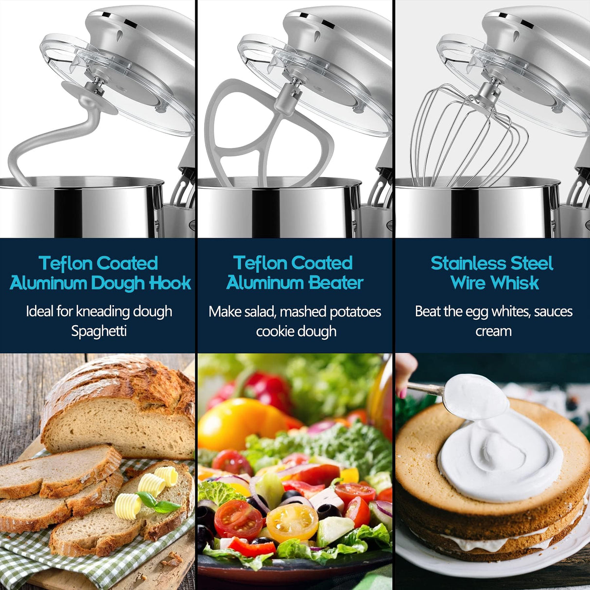 HOWORK 8.5QT Stand Mixer, 660W 6+P Speed Tilt-Head, Electric Kitchen Mixer With Dishwasher-Safe Dough Hook, Beater, Wire Whip & Pouring Shield(8.5 QT, Silver) HOWORK