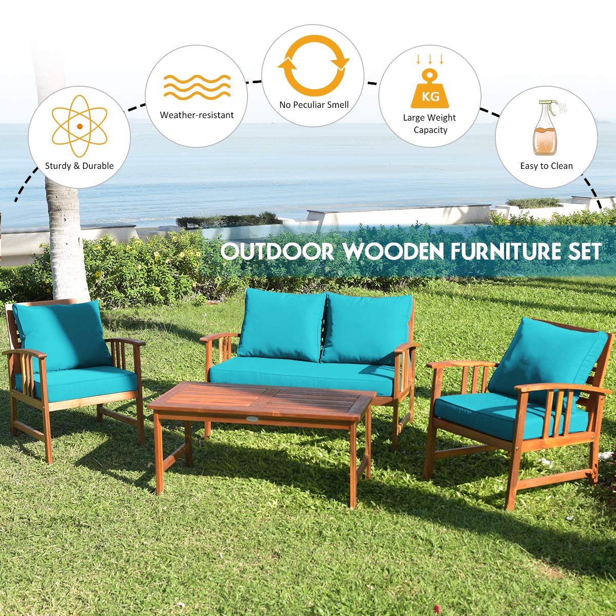 Tangkula 8 PCS Acacia Wood Patio Furniture Set, Outdoor Seating Chat Set w/Gray Cushions Back Pillow, Outdoor Conversation Set w/Coffee Table for Garden, Backyard, Poolside Tangkula