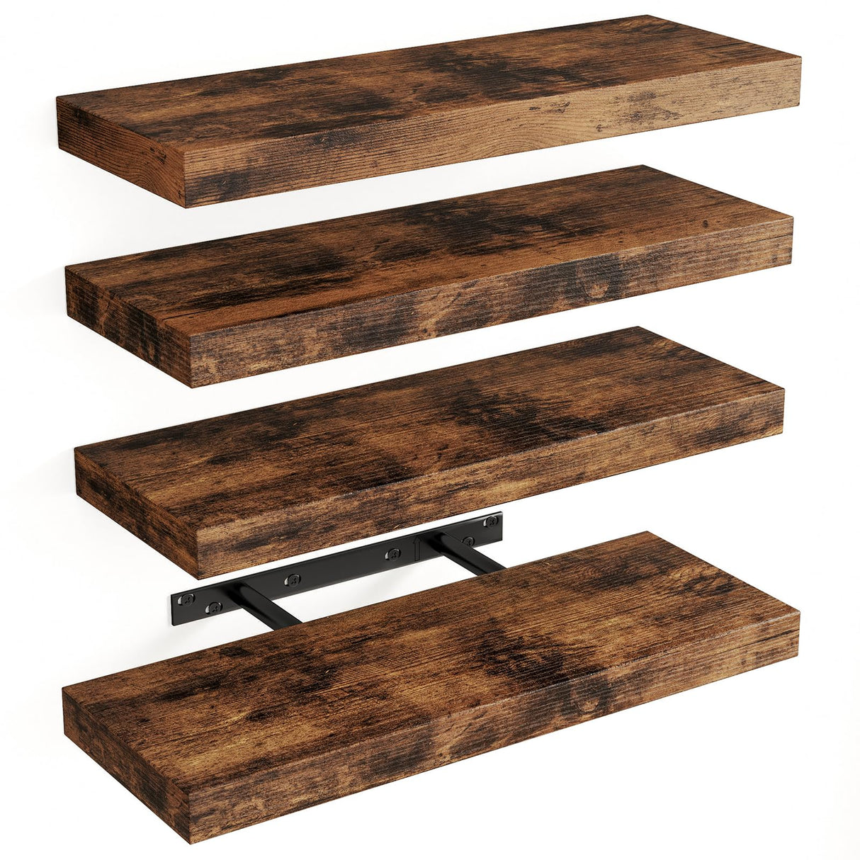 Fixwal 15.8in Floating Shelves, Rustic Wood Finish Wall Shelves Set of 4, Shelves for Wall Decor, with Invisible Brackets for Bathroom, Living Room,Bedroom and Kitchen(Rustic Brown) Fixwal