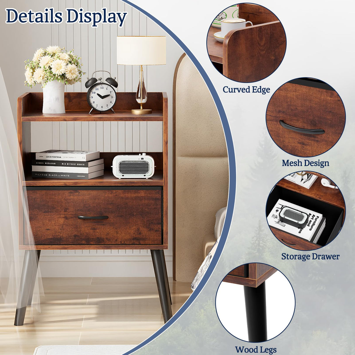 Huhote NightStand with Open Shelf,Night Stand with Drawer Storage Side Table End Table,Bedside Table with Solid Wood Feet,Mid Century Night Stands for Bedroom Sofa Couch Small Spaces(Brown) Huhote