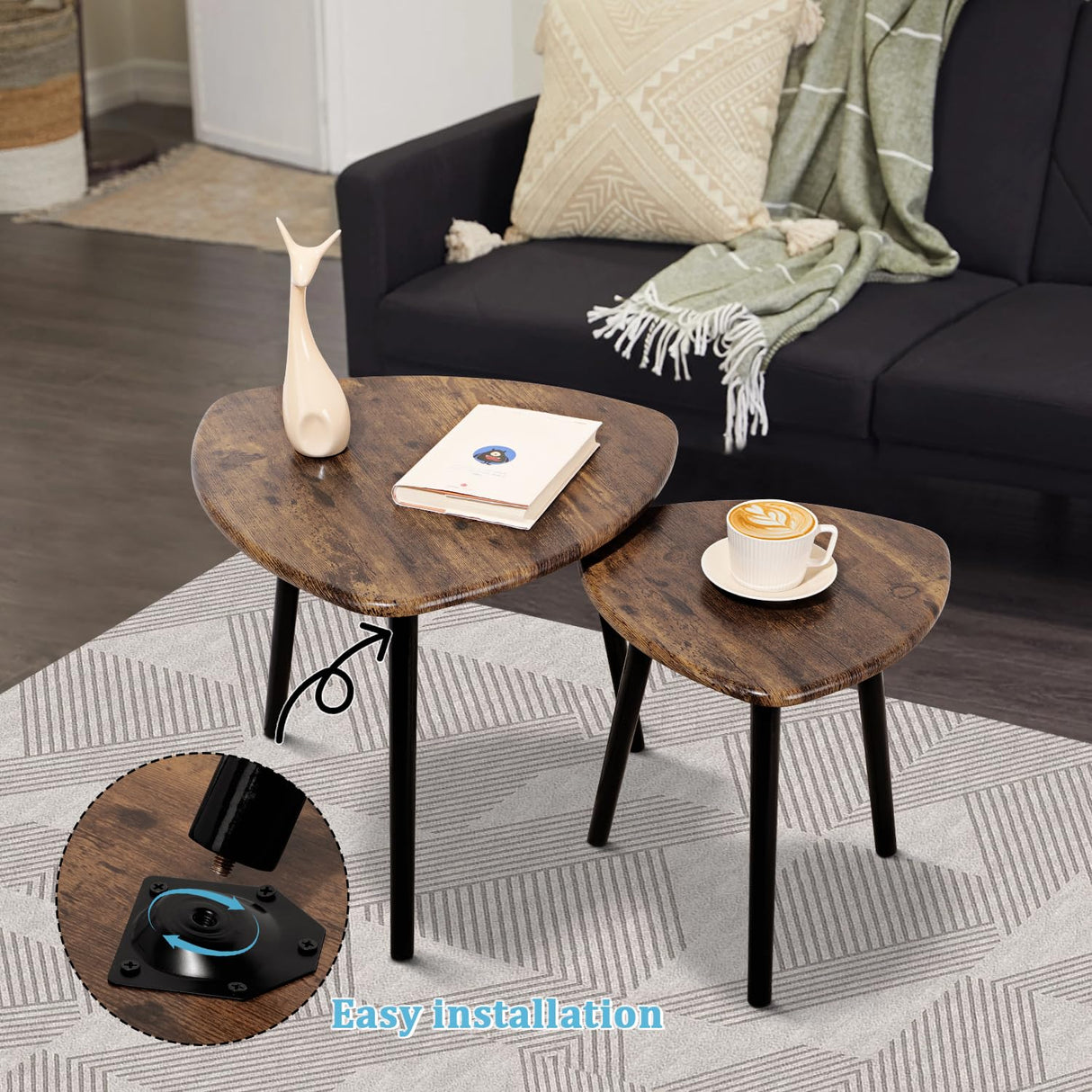Nesting Coffee Table Set of 2 Triangular End Side Tables Modern Industrial Simple Nightstand Center Table for Living Room Bedroom Apartment, Retro Brown FEUFOAM