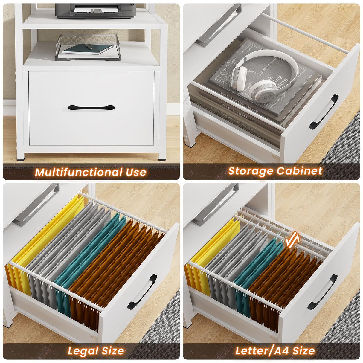 SEDETA White Computer Desk with 5 Drawer & Power Outlet, 66'' Home Office Desk with File Drawer, Storage Shelves, Printer Cabinet and Monitor Shelf, Gaming Desk with Led Lights SEDETA