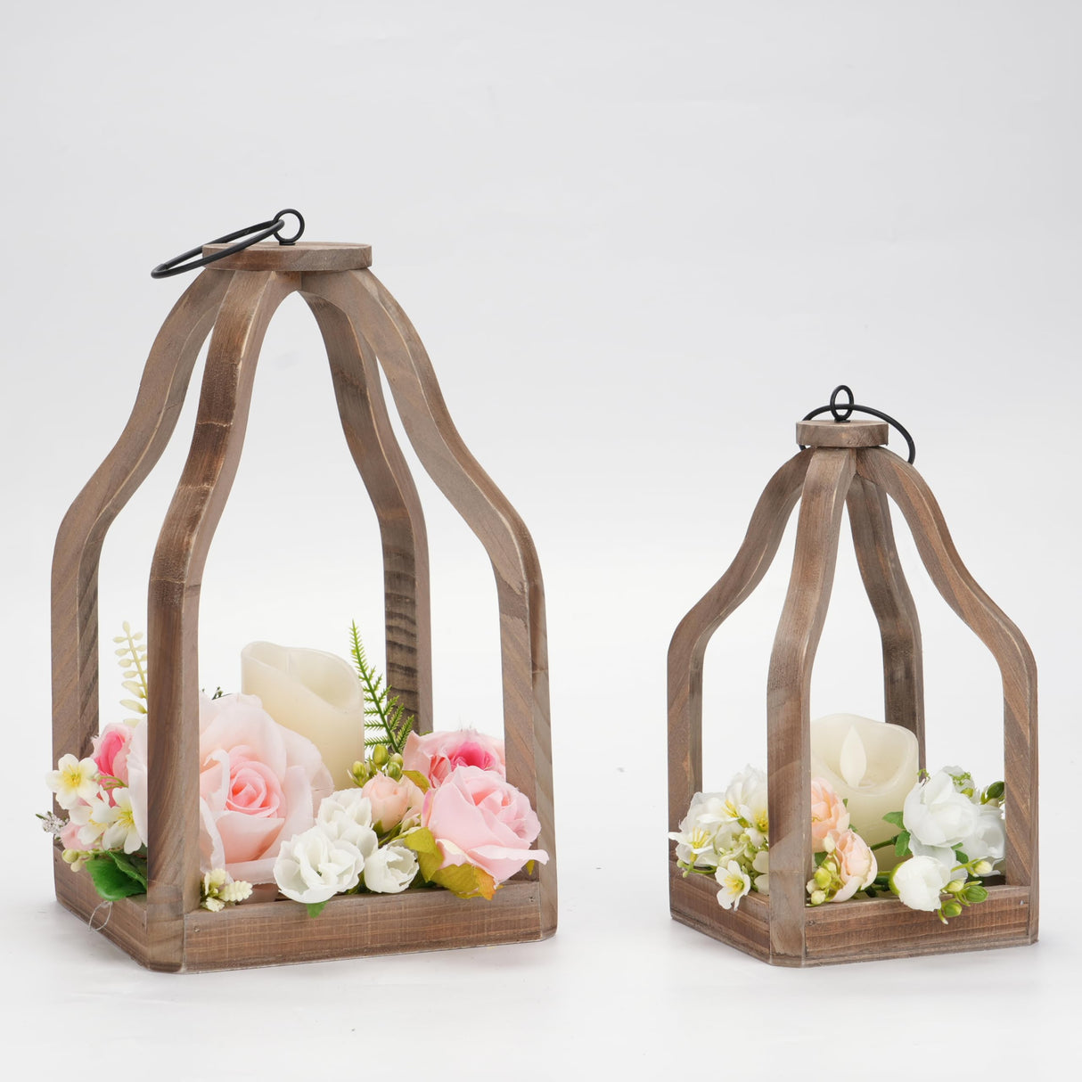 Romadedi Farmhouse Decorative Lantern Wooden - Set of 2 Rustic Wood Lanterns Candle Holder for Wedding Table Centerpieces Indoor Outdoor Fireplace Mantle Home Decor, Brown Romadedi