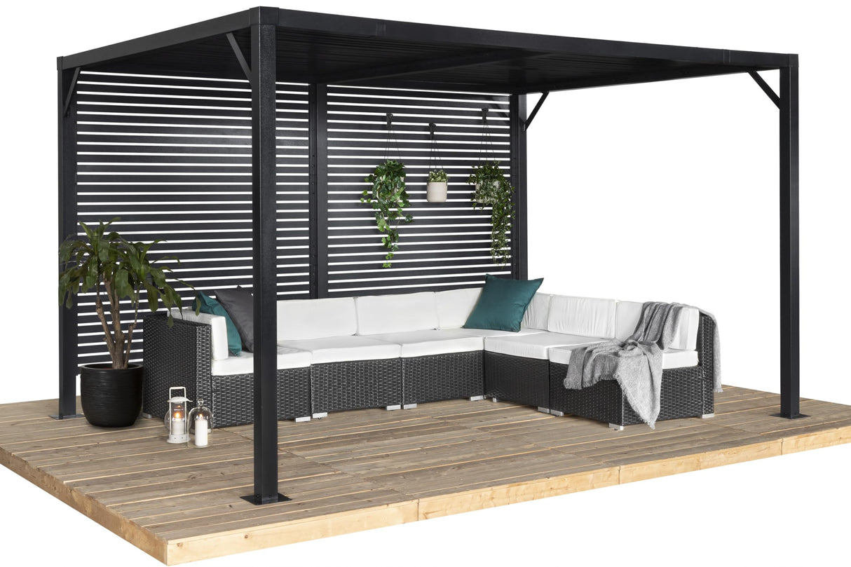 Sojag Meeru 9 ft. x 12 ft. Outdoor Aluminum Pergola with Rustproof Powder-Coated Frame, Welded Anchoring Plates, and Louvered Wall Design for Stylish Backyard Shade and Shelter Sojag