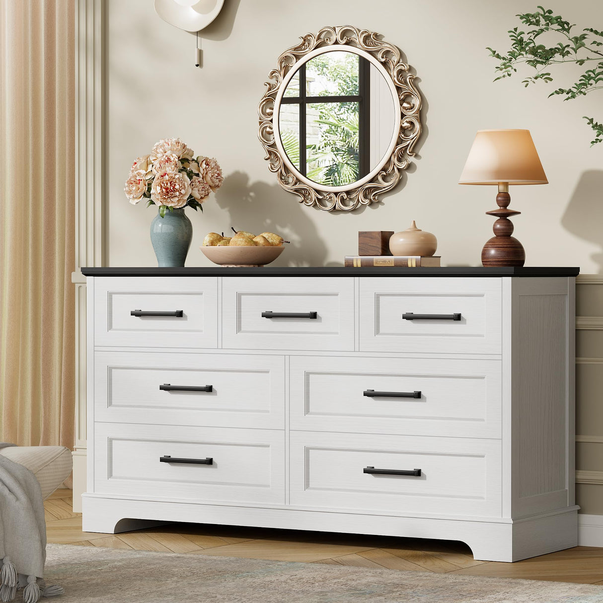 Furmax Farmhouse Dresser for Bedroom, 7 Drawers Dresser, Wood Chest of Drawers, 52" Wide Storage Dressers Organizer for Bedroom, Living Room, White and Black Furmax