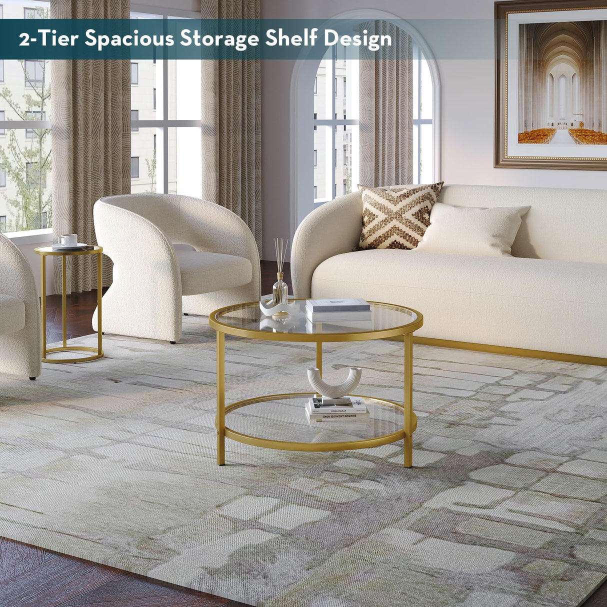 SAYGOER Round Glass Coffee Table 2 Tier Coffee Tables with Storage Shelf for Large or Small Space Modern Simple Center Table with Gold Frame for Living Room Home Office, Easy Assembly… SAYGOER