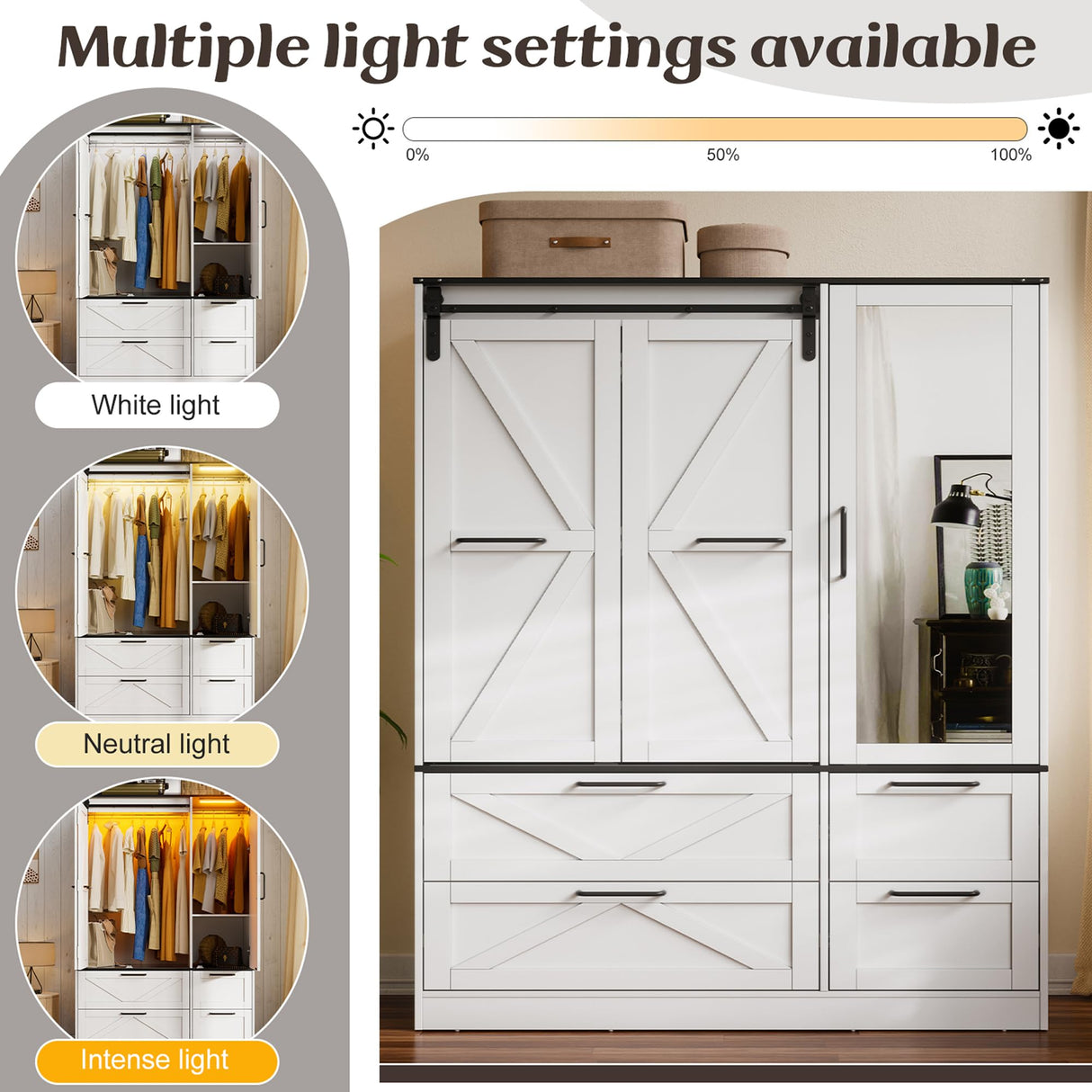 PAKASEPT Armoire Wardrobe Closet with w/Folding Sliding Barn Door, Bedroom Armoires with Mirror and Sensor Lights, Hanging Rod, Wardrobe Closet for Bedroom (19.69" D x 47.24" W x 72.83" H) PAKASEPT