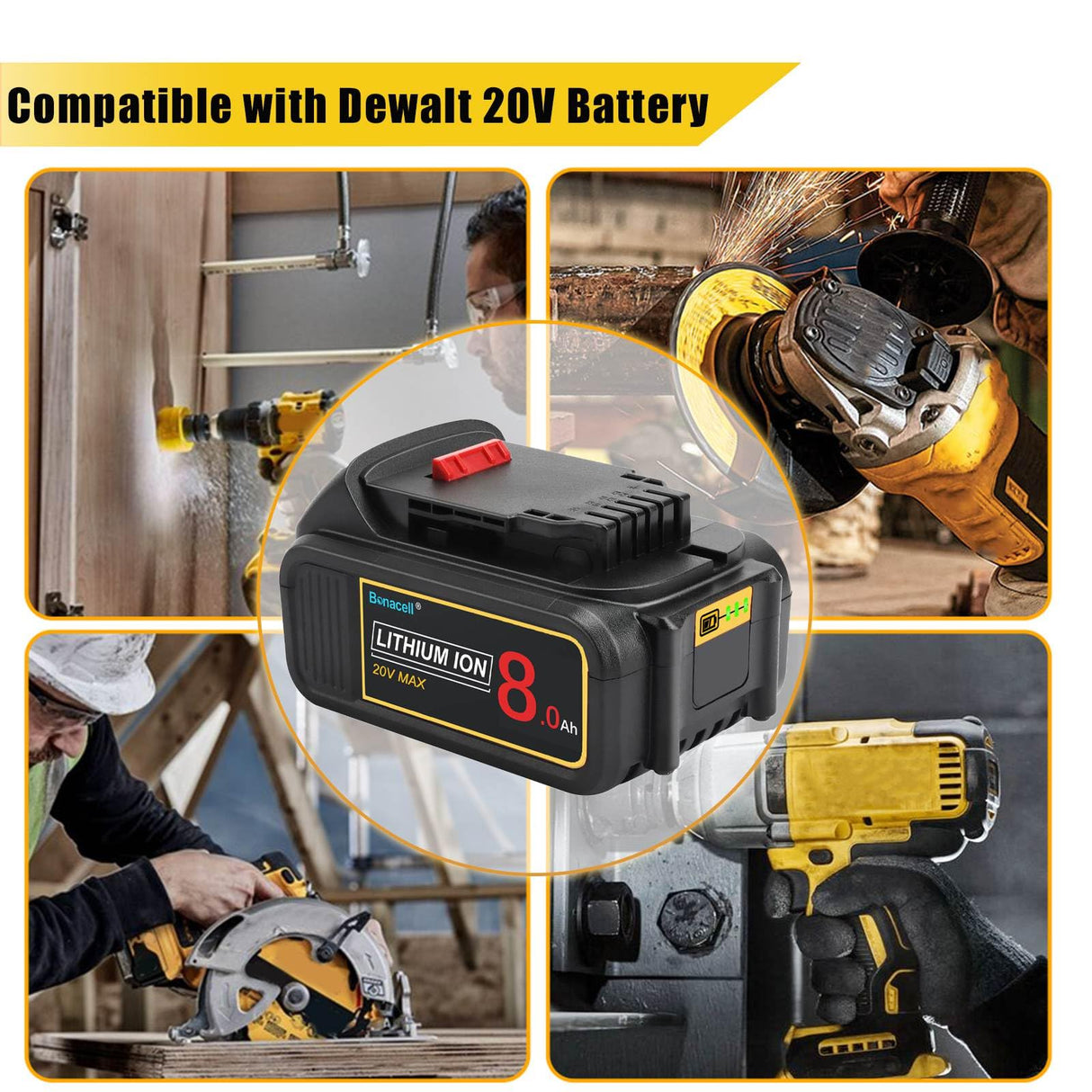 Bonacell 2Pack 8000mAh Lithium Replacement for Dewalt 20V MAX Battery DCB206 DCB204 DCB200 DCB180 DCB181 DCD/DCF/DCG Series Bonacell