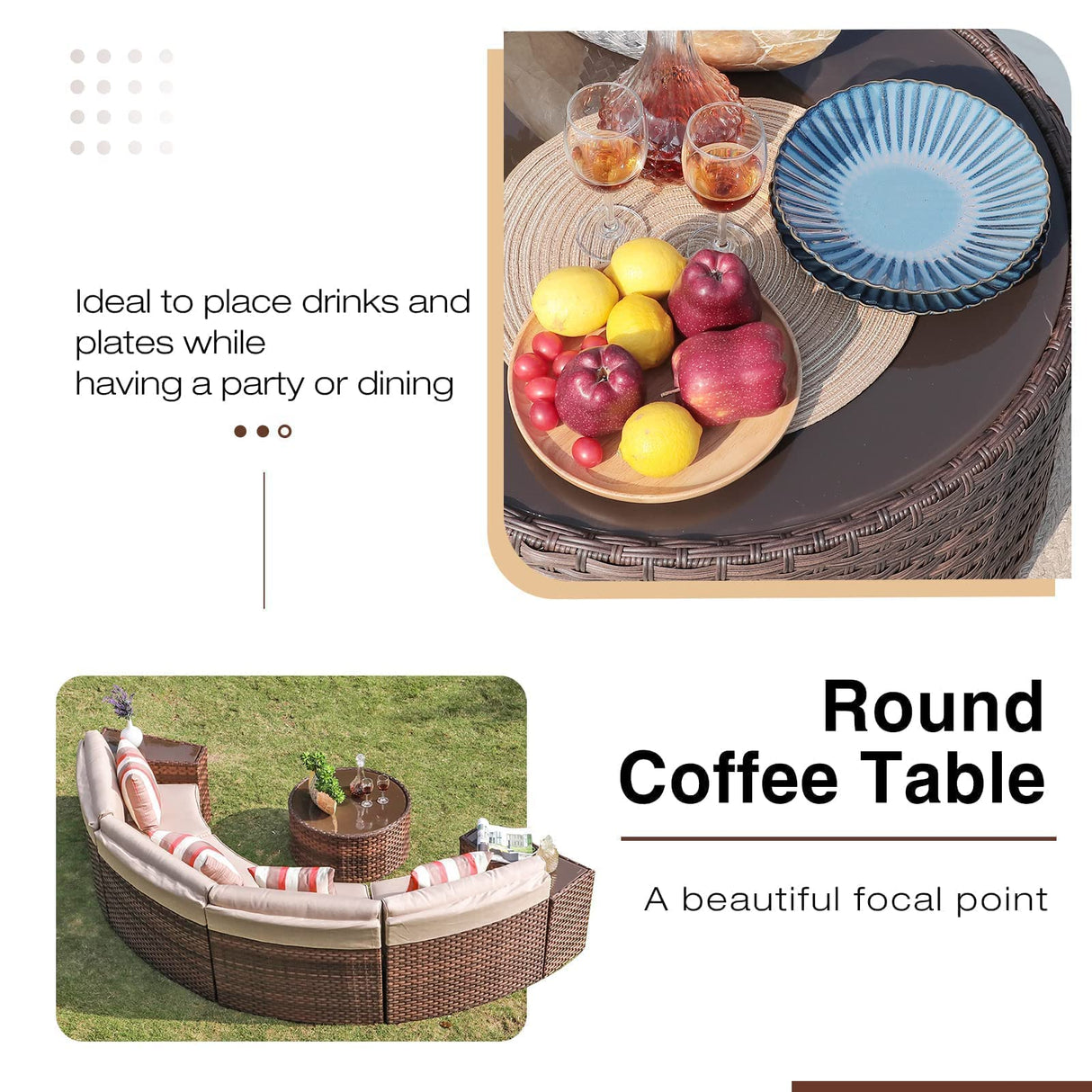 SUNSITT Outdoor 7-Piece Half-Moon Sectional Furniture Set with Round Coffee Table, Patio Curved Sofa Set, Beige Cushion and Brown Wicker, Incl. Waterproof Cover SUNSITT