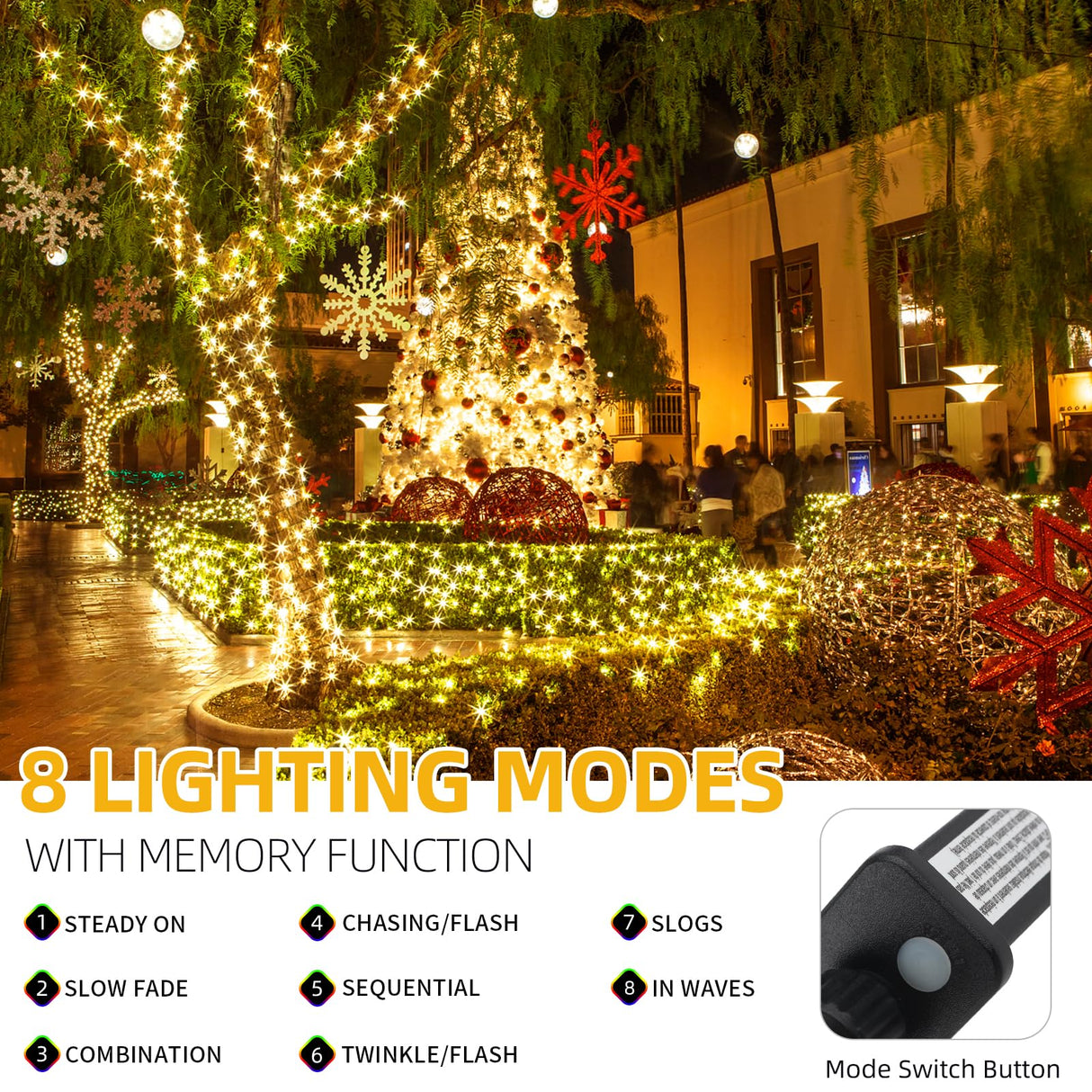 MZD8391 170FT 500 LED Christmas Lights Outdoor Indoor, Waterproof Christmas Tree Lights for Christmas Decorations with Timer, 8 Modes Memory Function (Warm White) MZD8391
