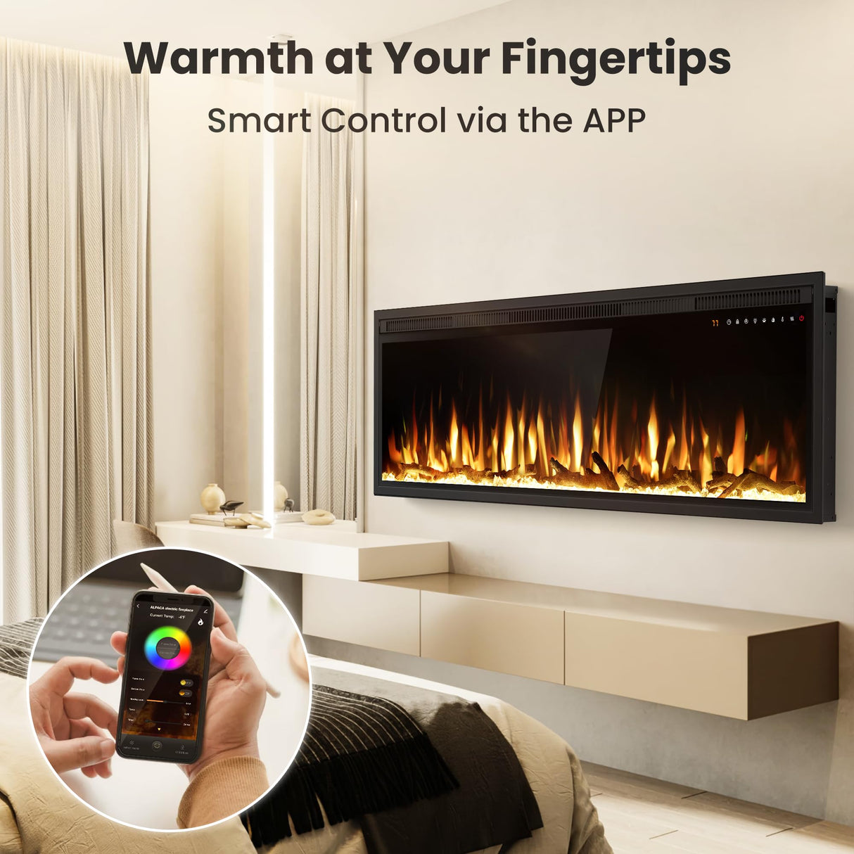 Smart 60" WiFi-Enabled Electric Fireplace Heater, Recessed in-Wall and Wall-Mounted Linear Fireplace,Compatible with Alexa,13 Adjustable Flame Color and 5 Brightness,1500/750 Watt Heater,Black Alpaca