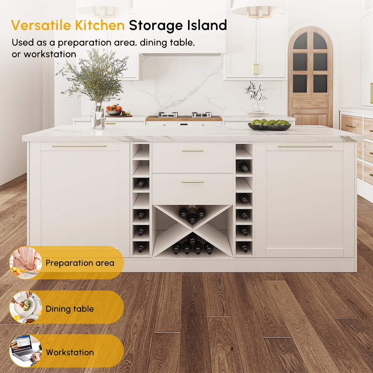 homary Kitchen Island 72" Modern White Melamine Islands Table with Wine Storage & Seating Space Sturdy Board Kitchen Cabinet with Extra Storage for Home homary