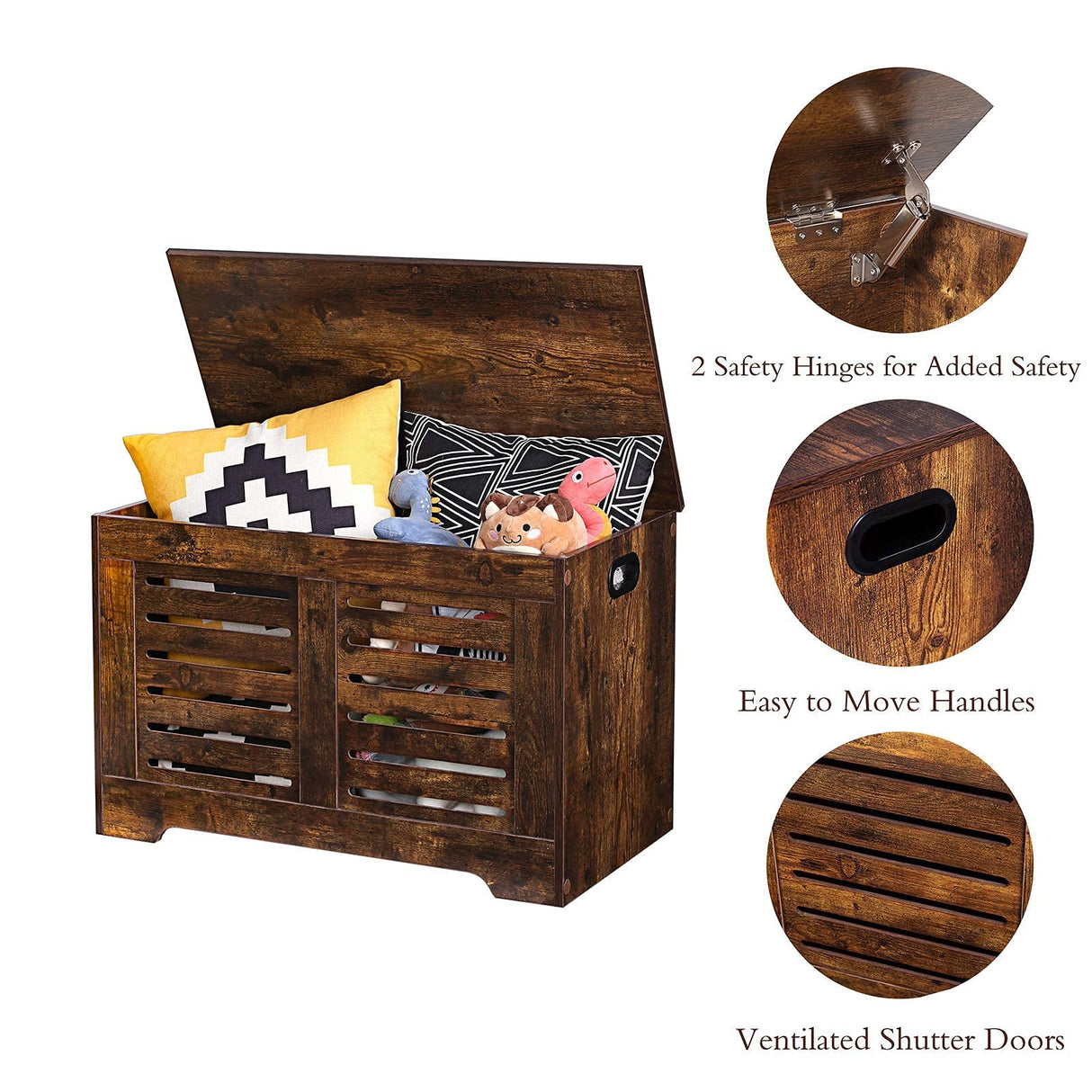 DINZI LVJ Storage Chest, Flip-Top Wooden Toy Box with 2 Safety Hinges, Retro Entryway Shoe Bench, Sturdy Large Storage Trunk for Living Room, Bedroom, Toddler Room, Easy Assembly, Rustic Brown DINZI LVJ