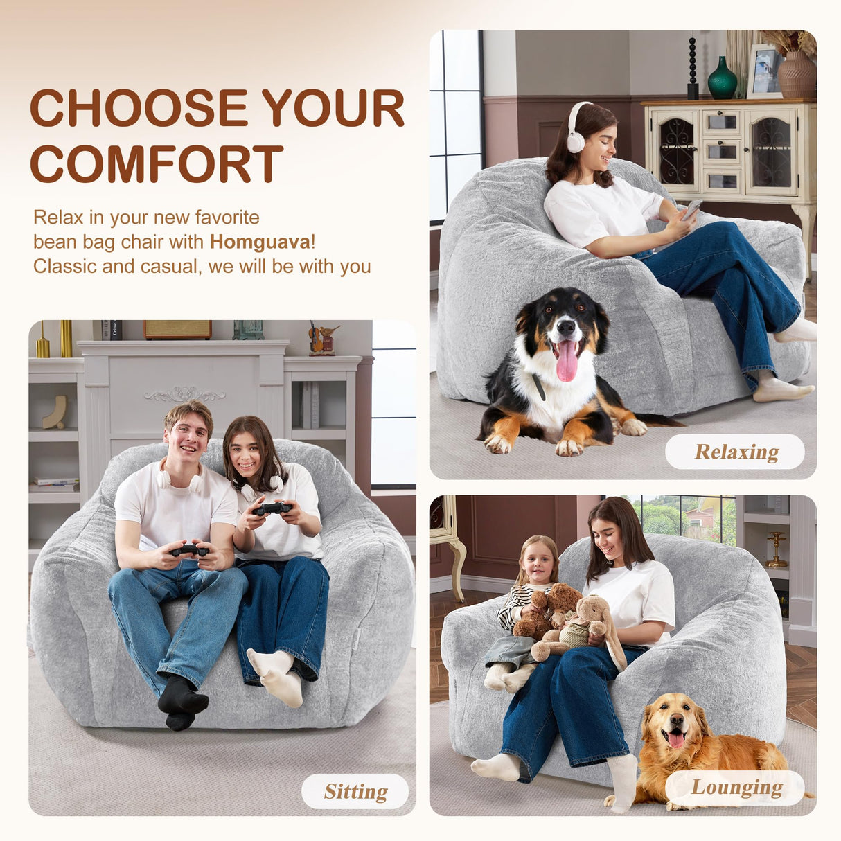 Homguava Beanbag Chair Bean Bag Chairs for Adults Bean Bags Giant Bean Bag Sofa with Spacious Cushion Bean Bag Couch with Armrest Large Bean Bag Chair with Filler for Living Room Bedroom (Light Grey) Homguava