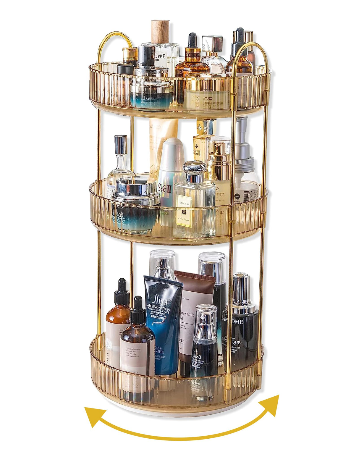 Asayuee 360 Rotating Makeup Organizer for Vanity,3 Tier Large Capacity Vanity Storage,Skincare Perfume Spinning Organizer,Bathroom Cosmetics Storage Makeup Stand Organizer (Gold-3 Tier) Asayuee