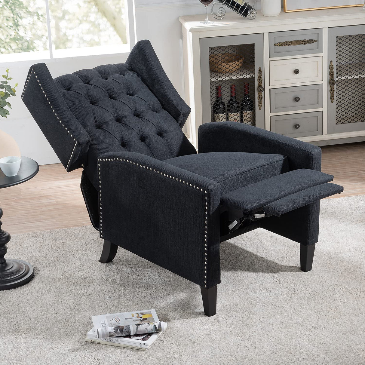 Black Fabric Recliner Chair for Adults Accent Wingback Chair Mid-Century Modern Recliner Tufted Chairs Living Room Armchair for Bedrooms Reading Recliner 27" Wide Vaztrlus