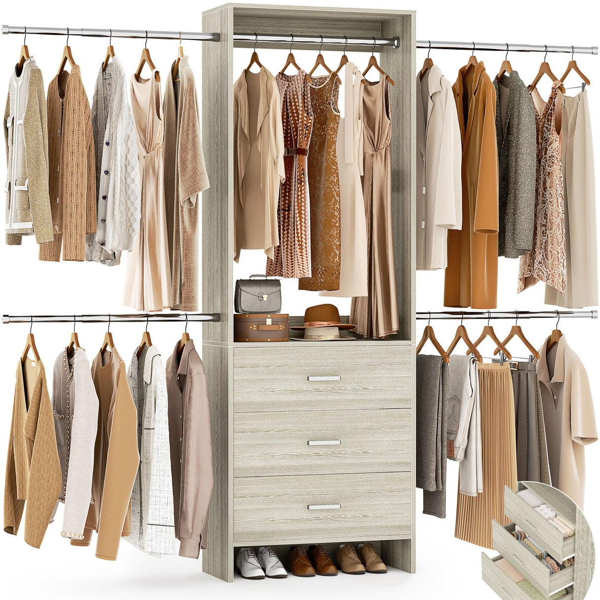 Aheaplus Closet System, Closet Organizer with 3 Wooden Drawers, Closet Organizer System, Walk-in Closet Wardrobe Clothes Rack with 4 Hanging Rods, Garment Rack, -4R,White Oak Aheaplus