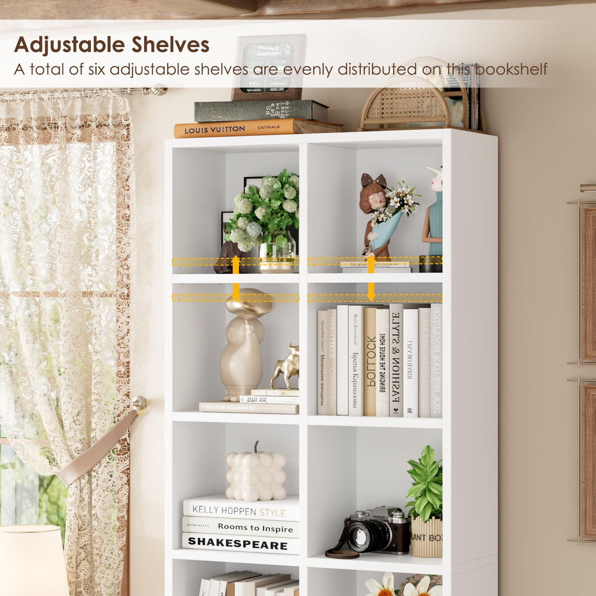 FOTOSOK 71'' Tall Bookshelf, Double Wide Media Tower Rack CD DVD Rack Display Cabinet with Adjustable Shelves, Tall Narrow Bookcase White Bookshelf Cube Shelf for Home Office, White FOTOSOK