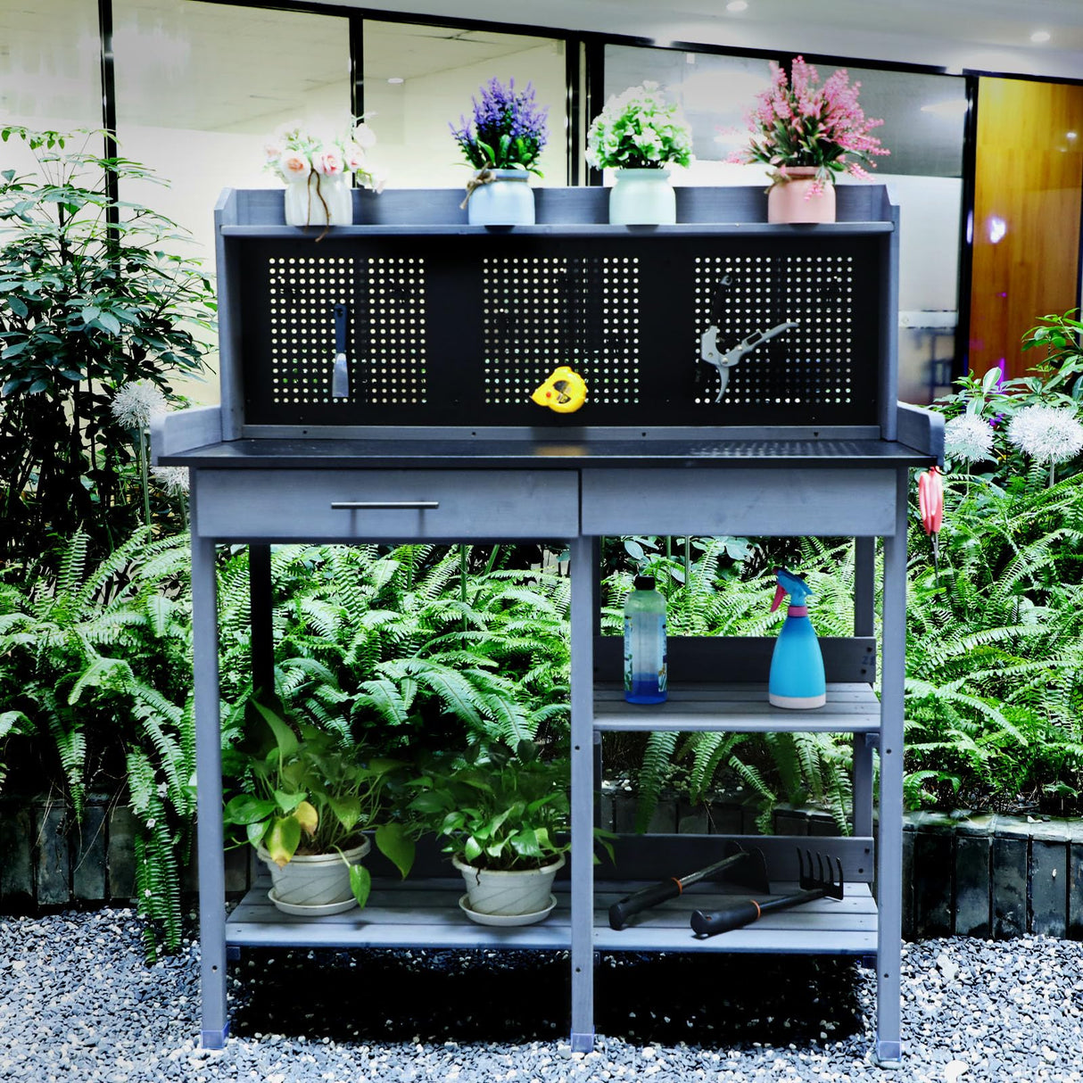 Outdoor Potting Bench Table,Garden Work Bench Metal Tabletop Horticulture with Shelf Rack Wooden Potting Benches for Outside with Holey Board/Hooks/Pads/Drawer/Adjustable and Cabinet,Gray Agitree